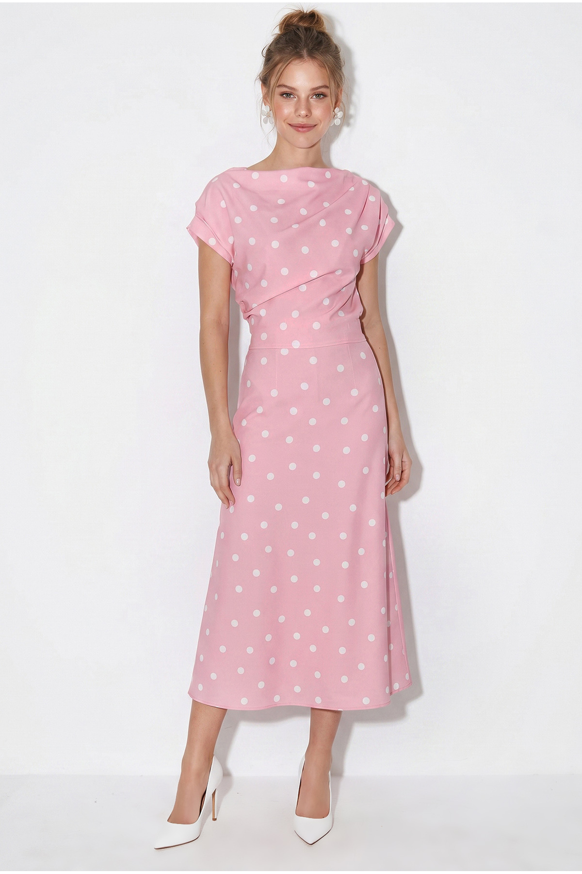 Women's Boat Neck Drape Detailed Polka Dot Midi Dress 8708 60286184