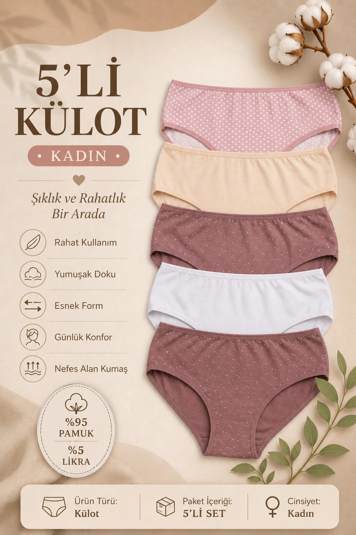 Women's Briefs 5-Pack Lycra Cotton