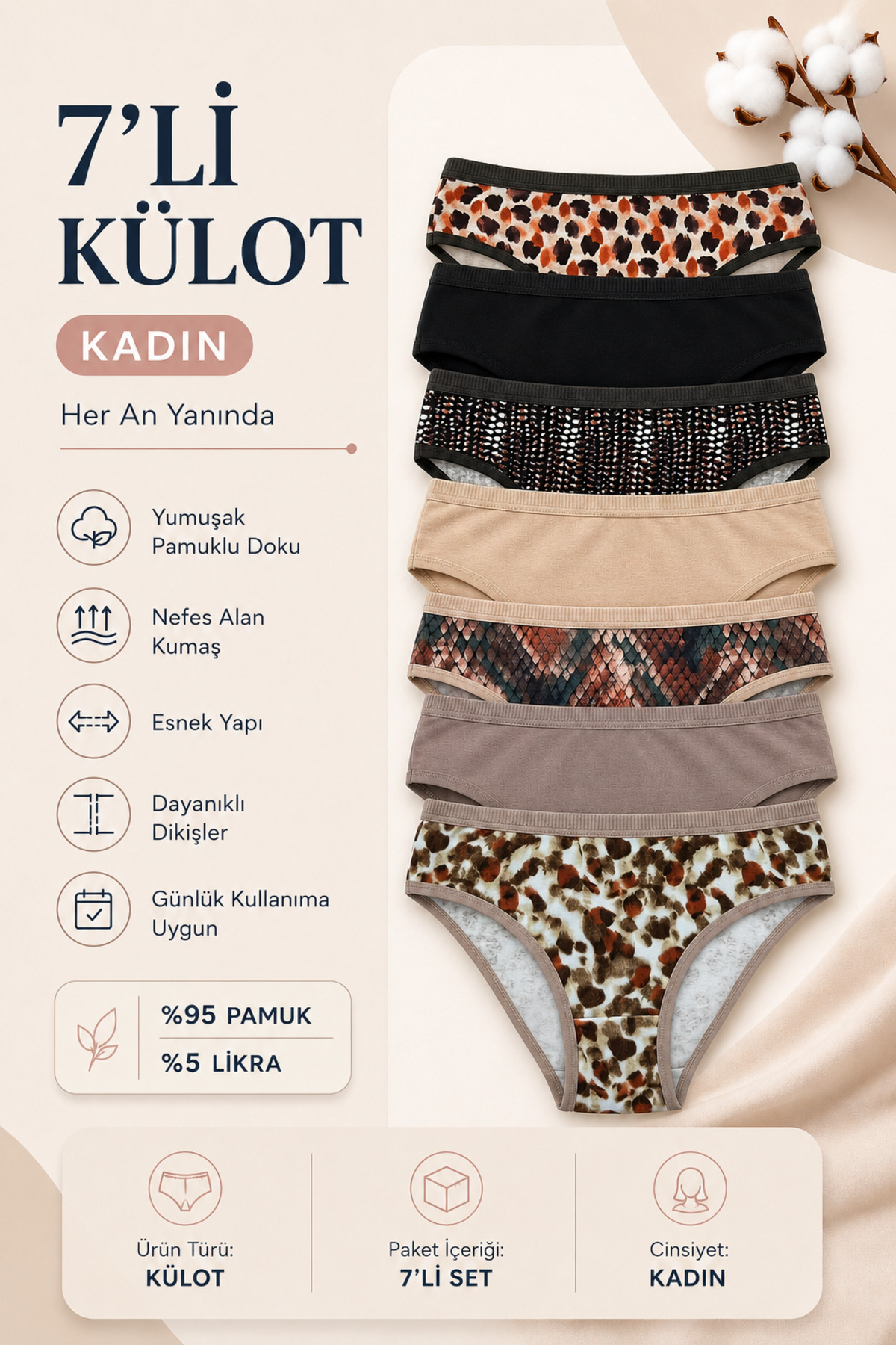 Nicoletta Női bugyi 7 csomagos Lycra pamut széles elasztikus nyomott mintás l...