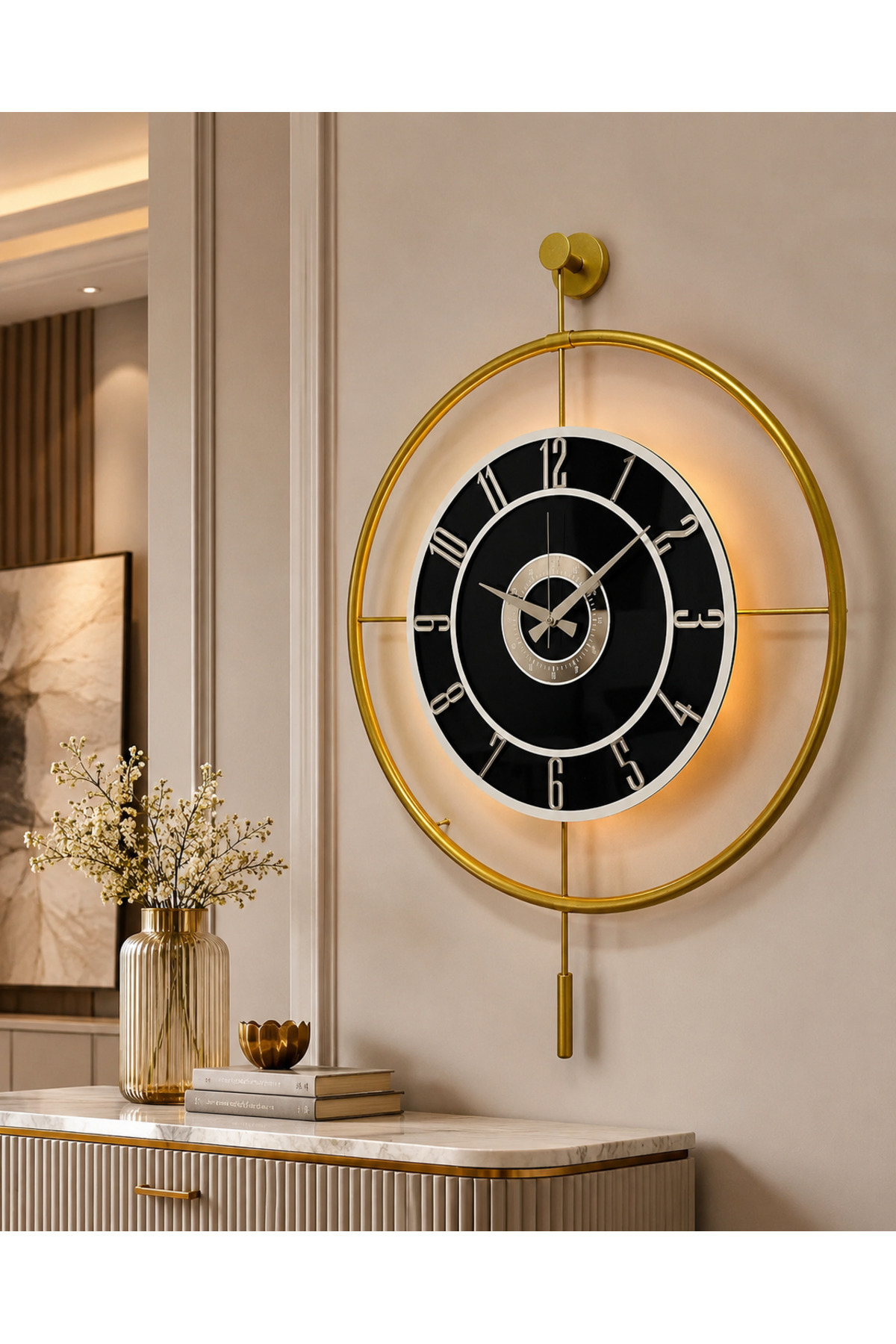 Metal Glass Wall Clock (60X80 CM LARGE SIZE) Real Glass Gold with Light -smoked-white-silver