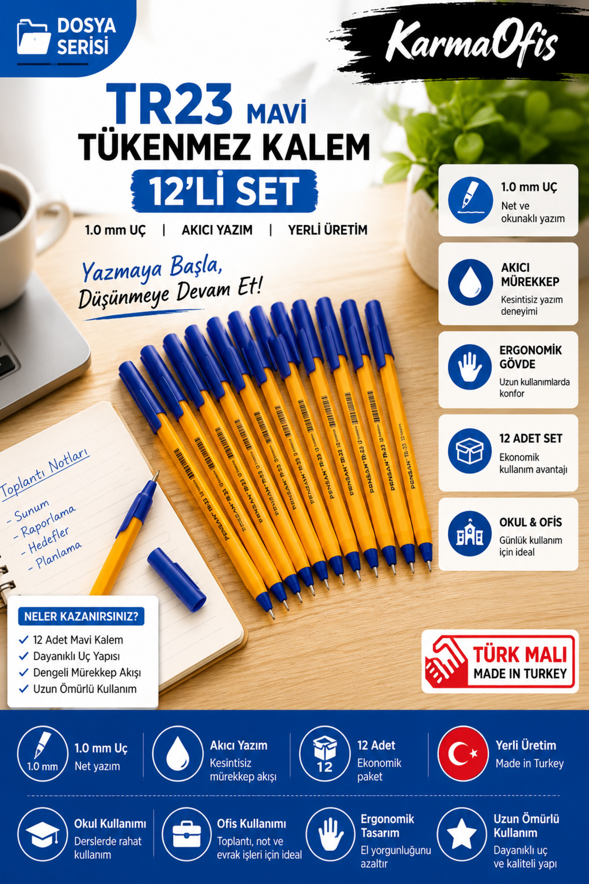 TR23 Blue Ballpoint Pen Set of 12 | 1.0 mm Tip, Fluent Writing, Office & School Use