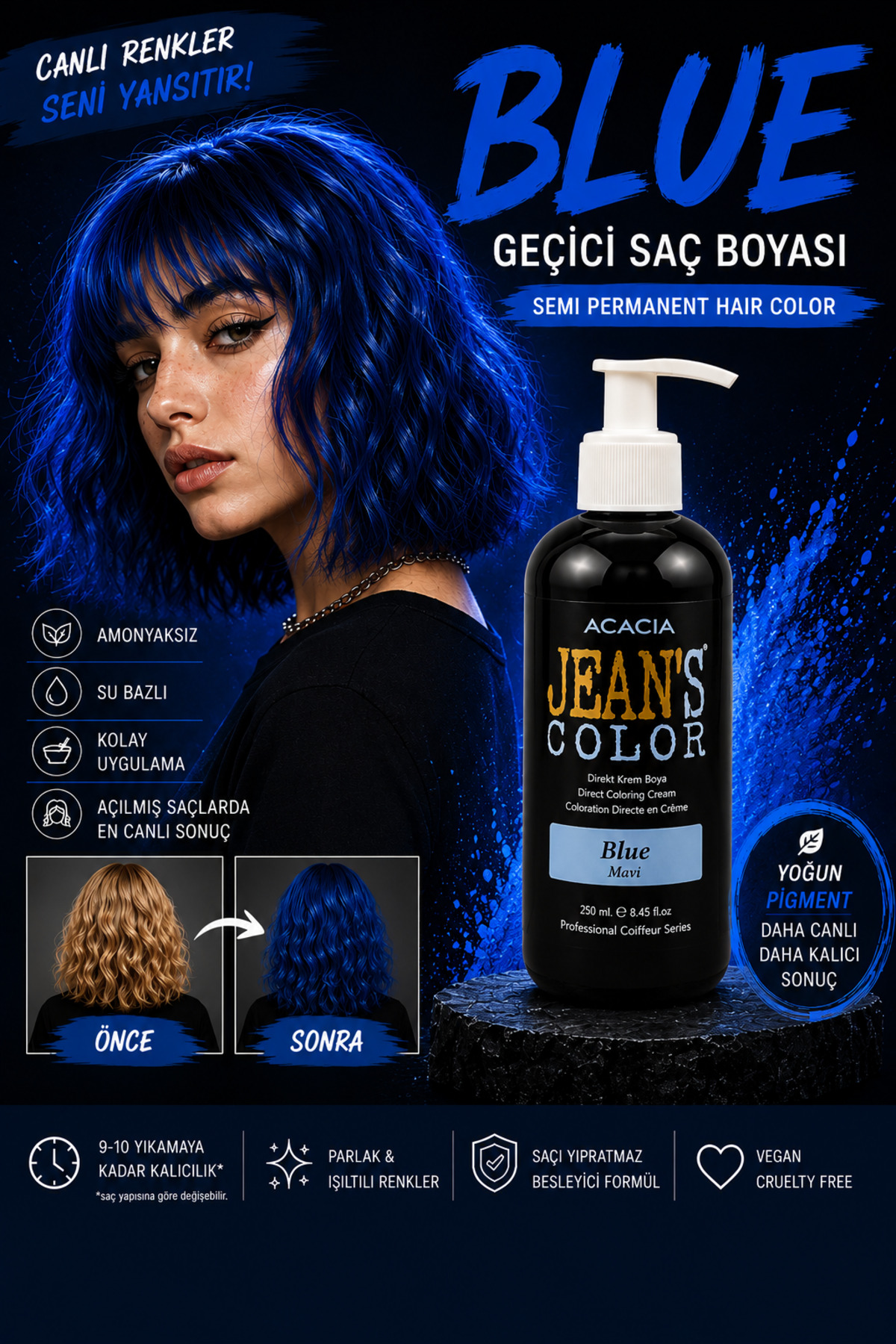 jeans color Amonyaksız Mavi Renkli Saç Boyası 250 ml Kokusuz Su Bazlı Blue Hair Dye — آبی 22222