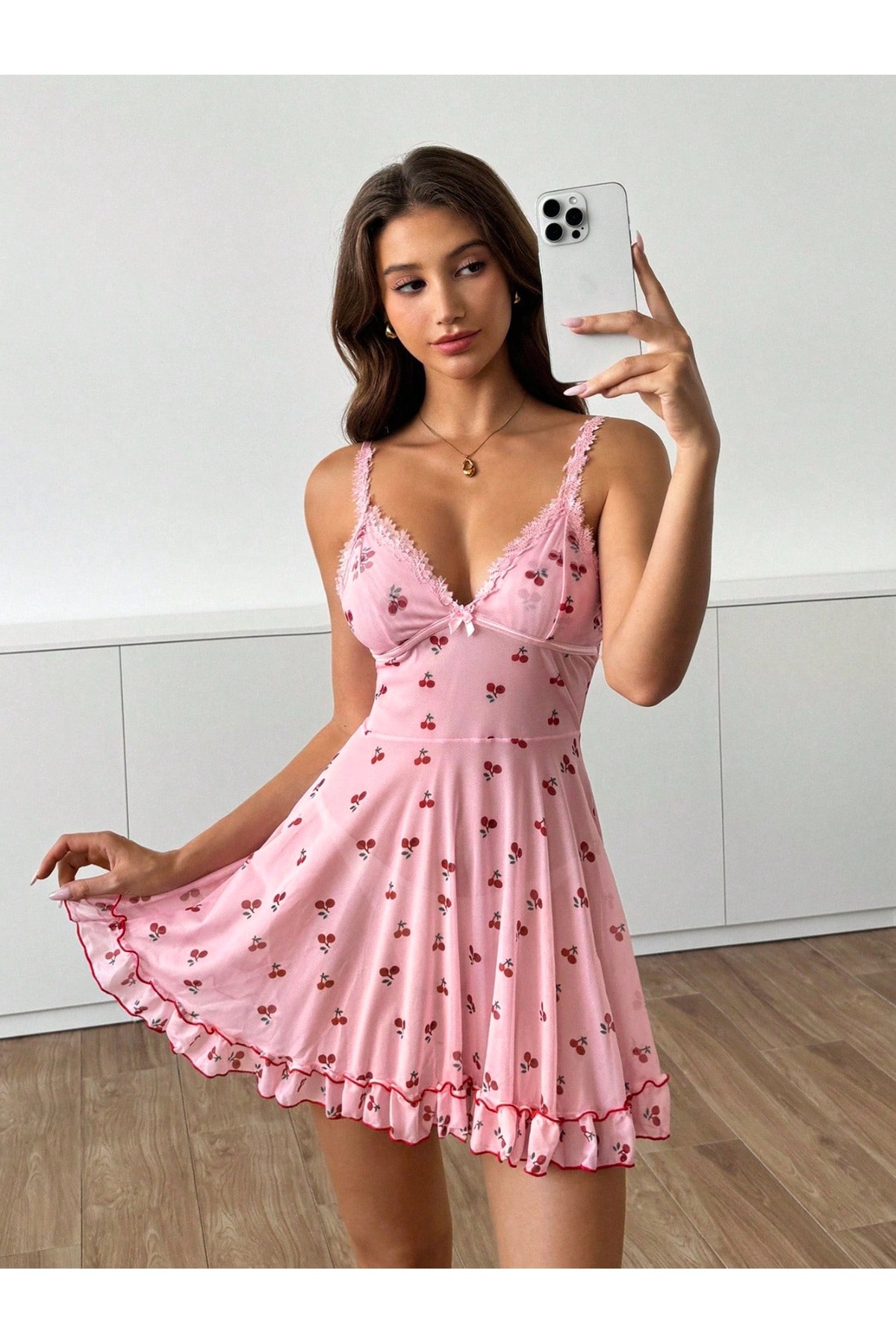 JUBELS Romantik Pembe Kiraz Baskılı Askılı Tanga Ve Gecelik görsel 3