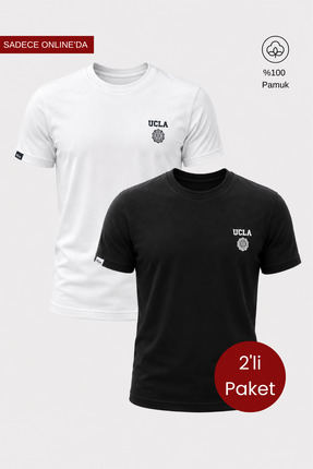 Ucla BASS 2'Li Set Beyaz & Siyah Bisiklet Yaka Baskılı %100 Pamuk Standard Fi...