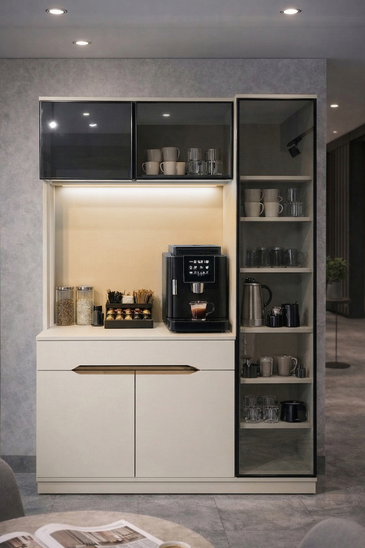 Modi Coffee Corner Kitchen Cabinet Multi-Purpose Cabinet with Glass 2 Module Matte Mink with Led Shelf