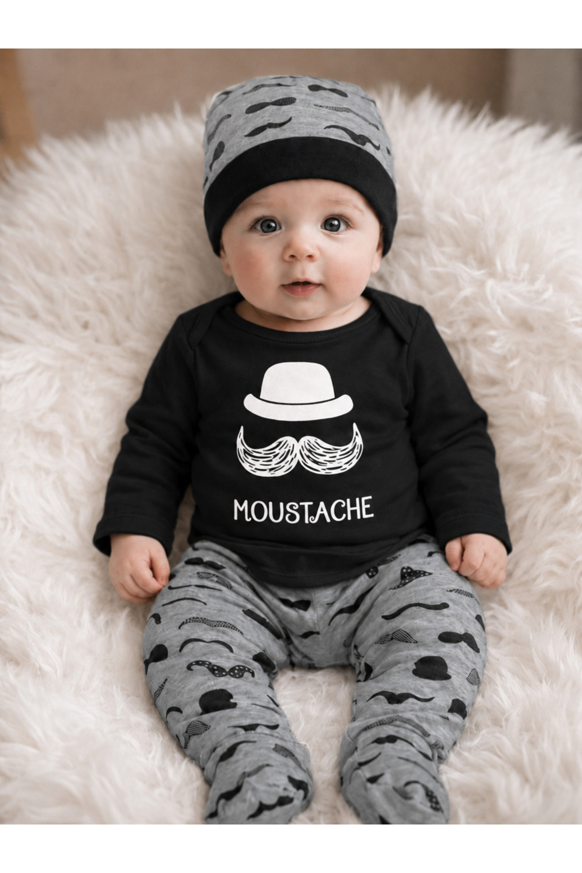 Mai Perla Baby Black Mustache Bodysuit Set 3 Pieces