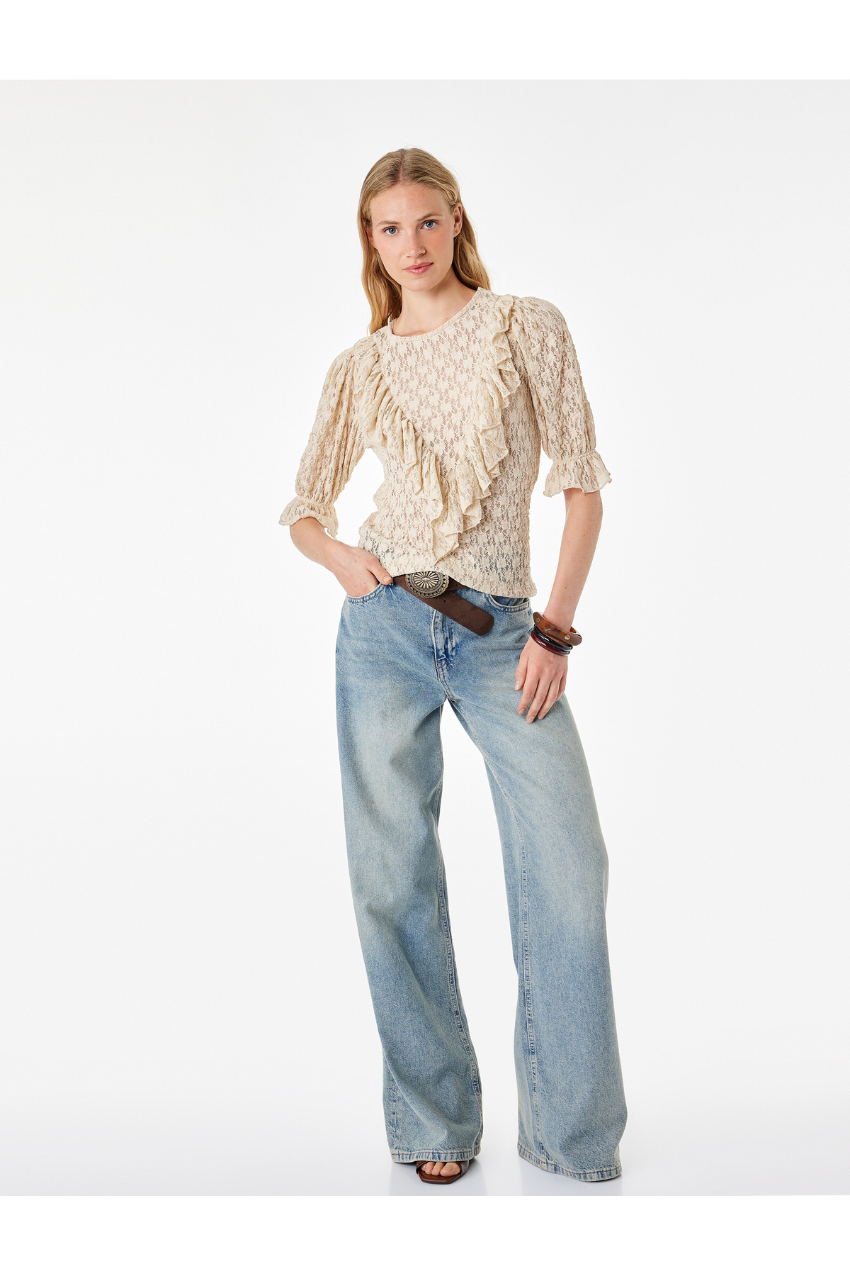 Koton Semi-Sheer Short Balloon Sleeve Ruffled Lace Blouse