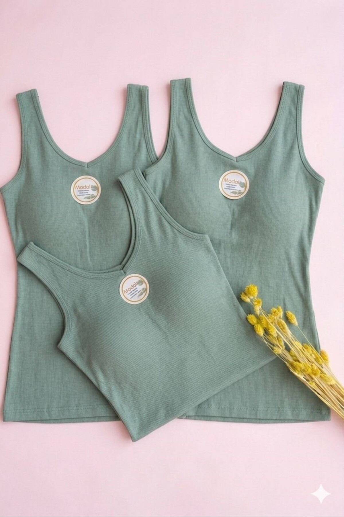 VELOURE Kadın Atlet Sütyenli V Yaka Modal 1 Adet Yeşil Renk Pedli Atlet-bluz-T-shirt görsel 2
