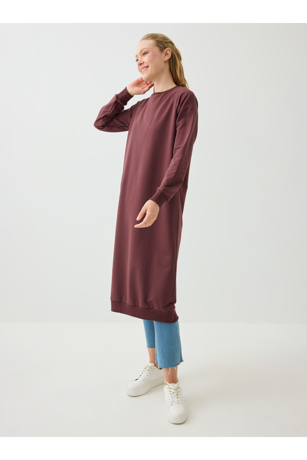 Benin Bisiklet Yaka Uzun Sweatshirt - Kızıl Kahve - görsel 3