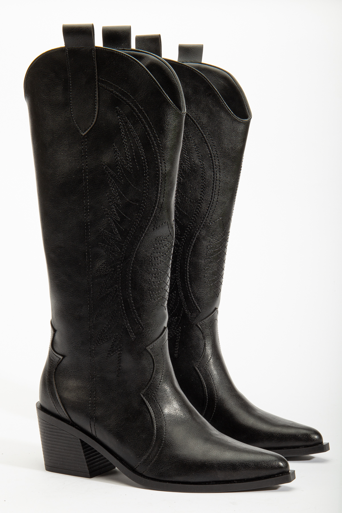 Black Matte Skin Embroidered Western Cowboy Cowgirl Boots