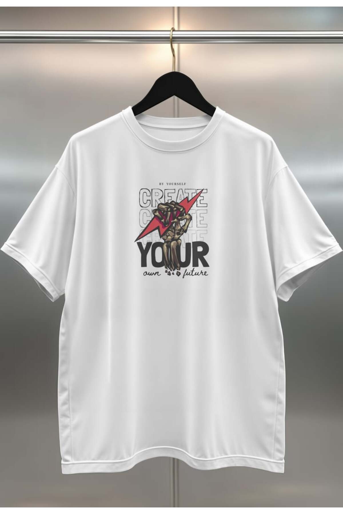 buzagi Create Digital Printing Oversize Unisex White T-Shirt