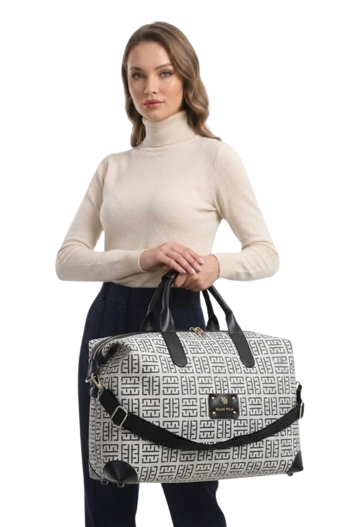 MİAMİ POLO 1203E Large Hand Luggage Suitcase Travel Holiday Bag BLACK WHITE PRINTED