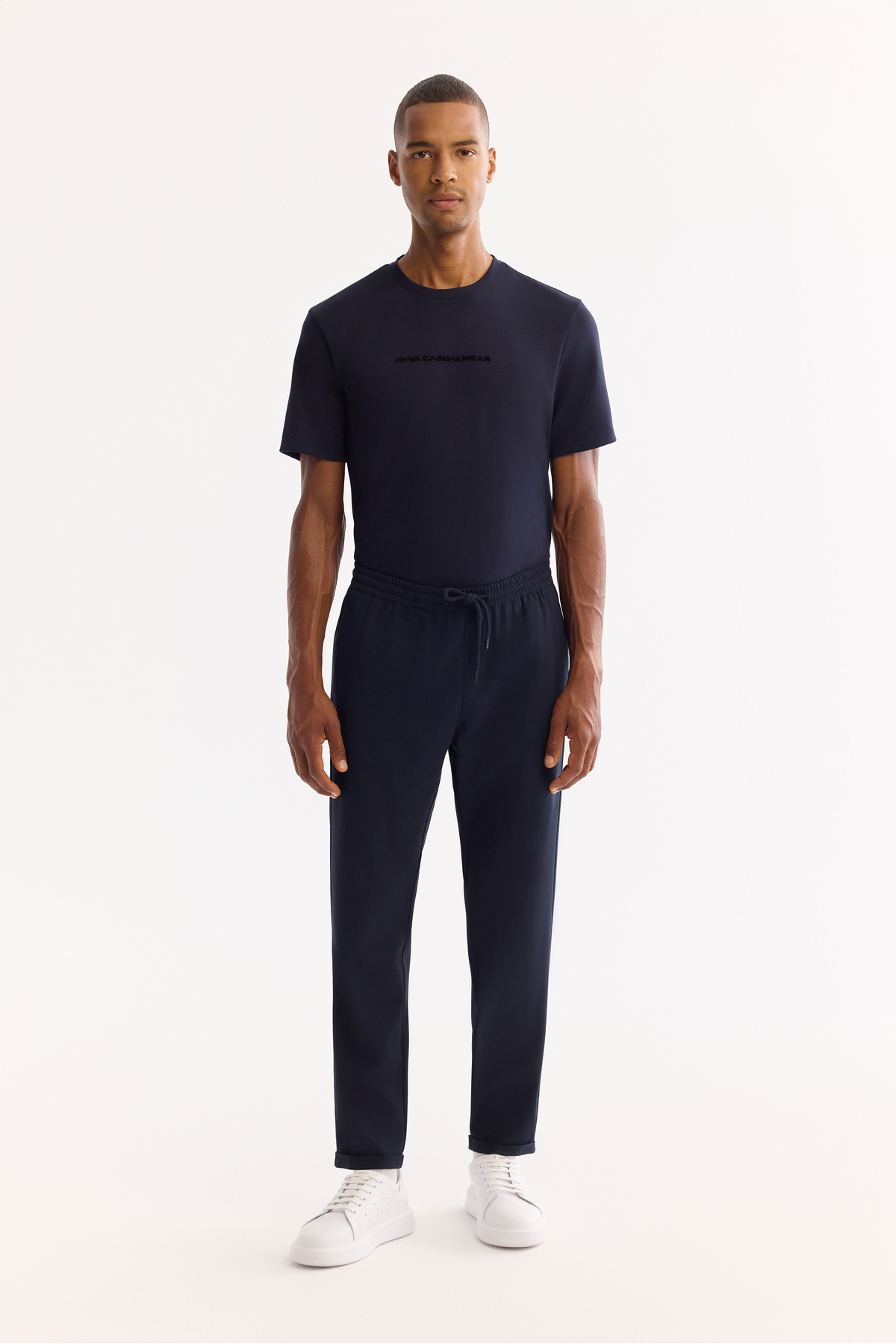 Men's Navy Blue Elastic Waist Lace-Up Double Leg Jogger Relaxed Fit Pants E003000
