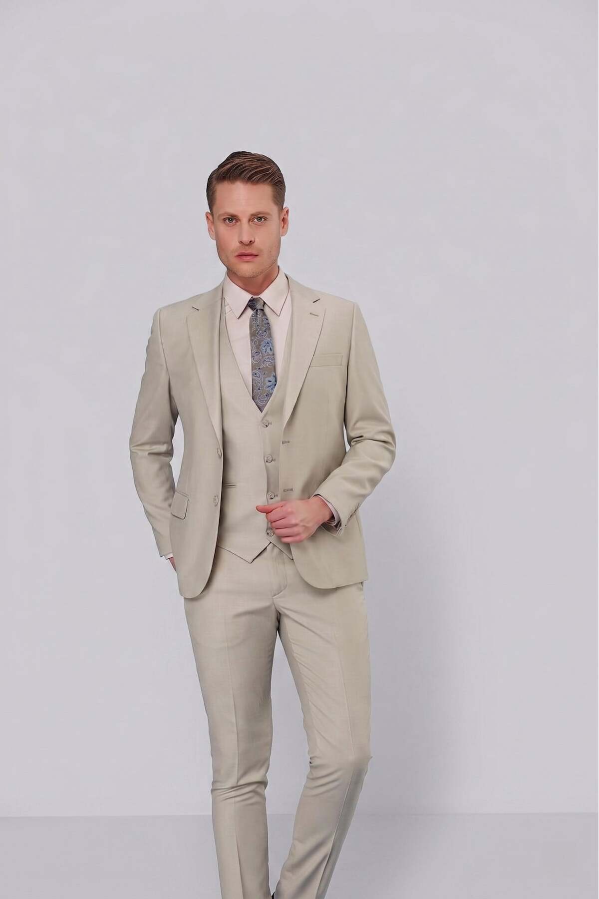 Efor Erkek Slim Fit Mono Yaka Düz Çağla Yelekli Takım Elbise TK 871 görsel 4