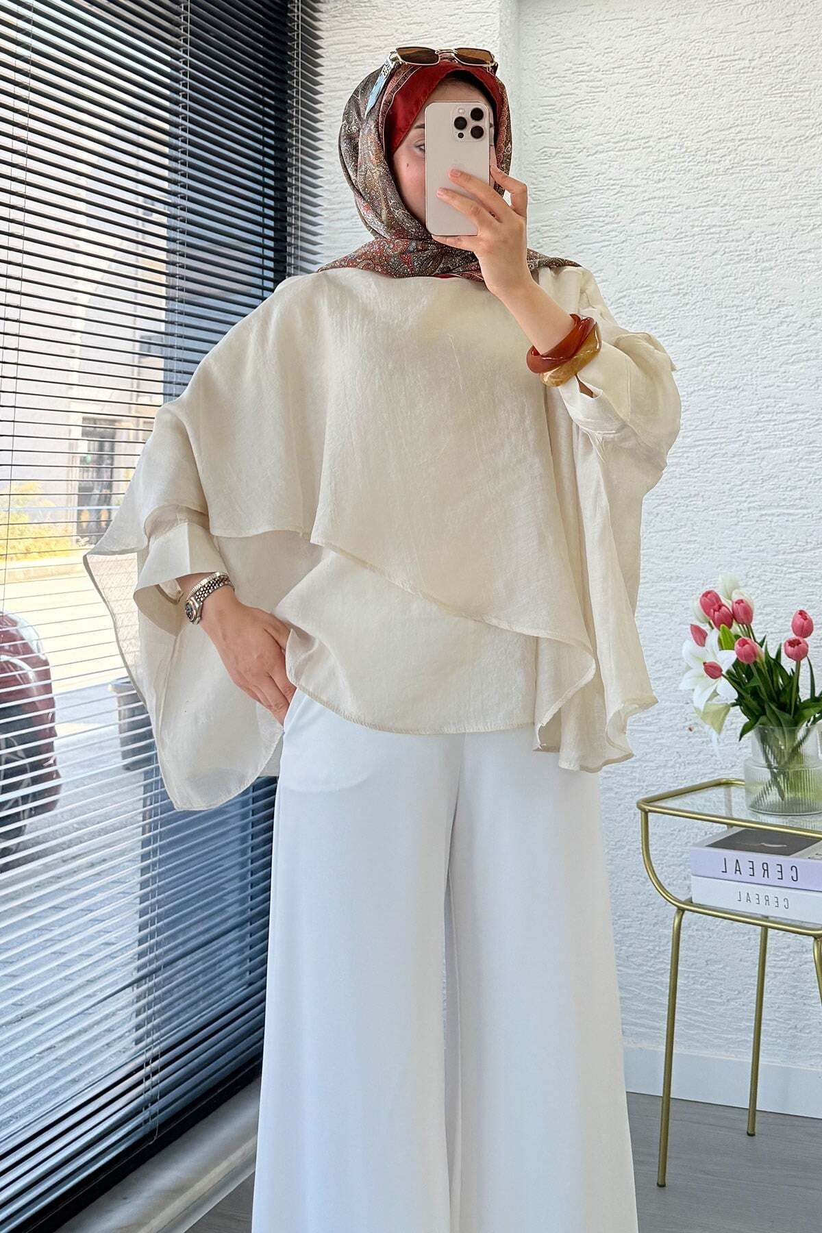 MELEK ARAZ  Premium Yarasa Kol Şal Yaka Vual Bluz - Taş - Görsel 7