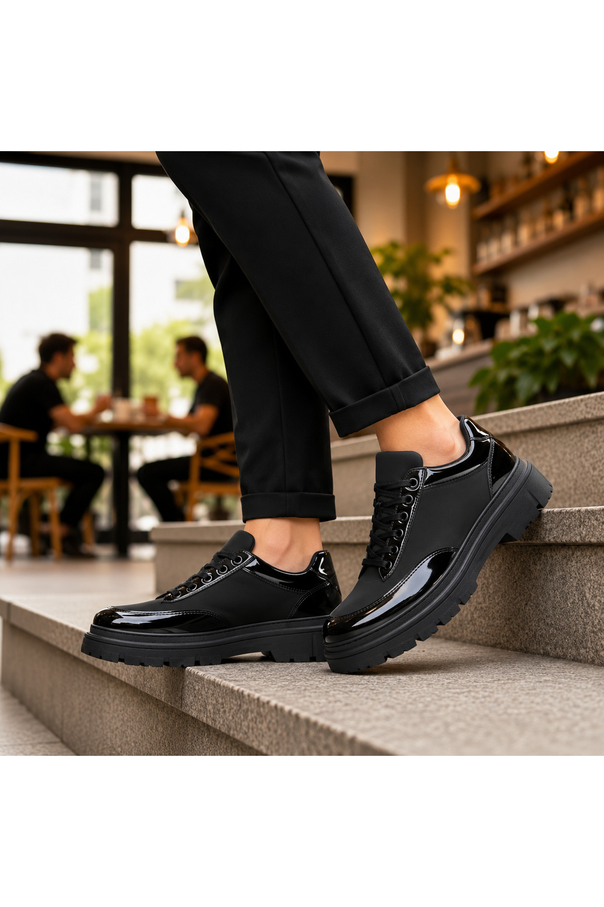 BESKAR Siyah Rugan Paraşüt Detaylı Erkek Ayakkabı - Boy Uzatan Yüksek Taban Bağcıklı Sportif Lüks Sneaker BA0243 görsel 2