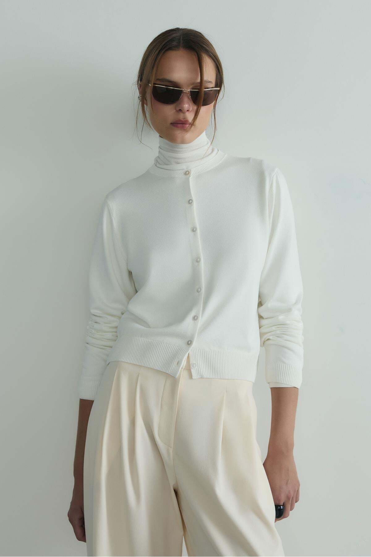 Suud Collection Ekru Lea Triko Hırka görsel 7