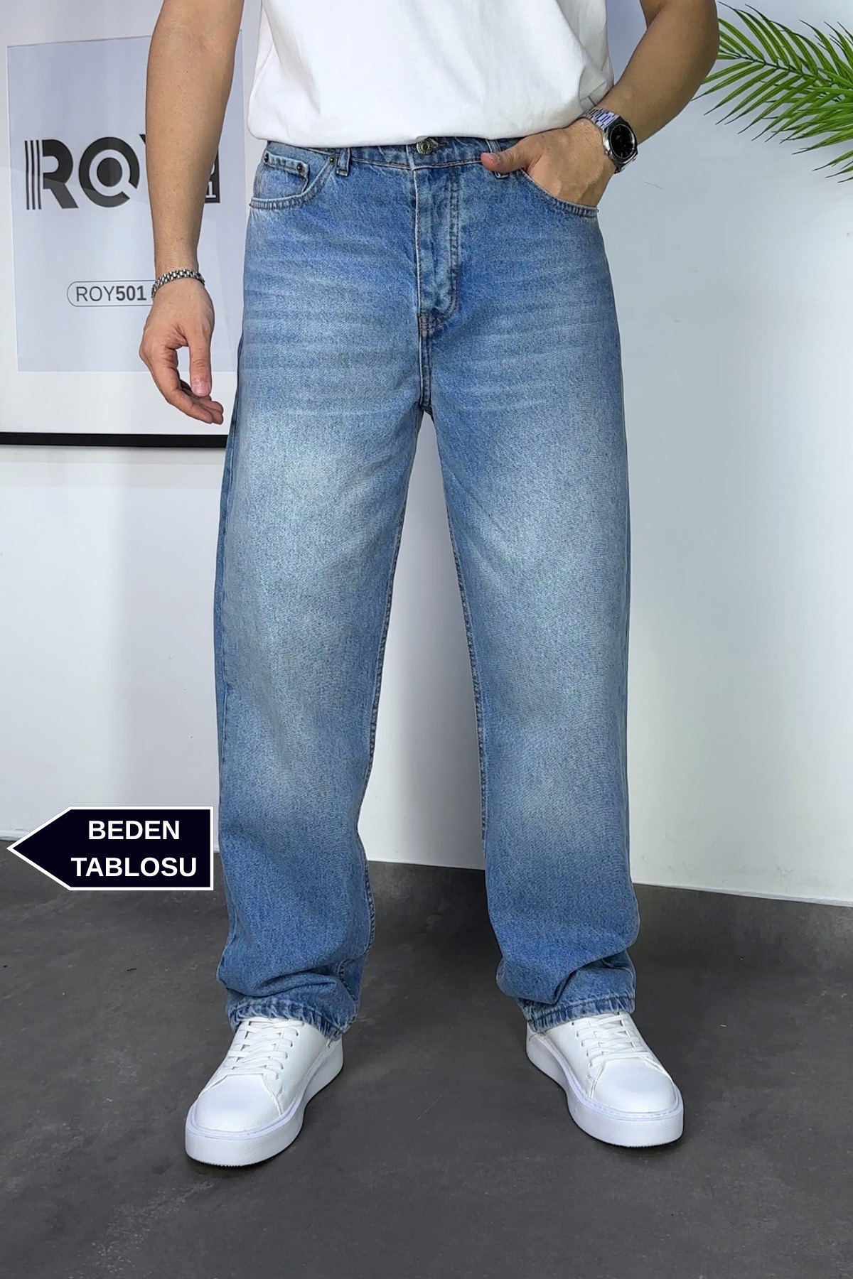 ROY501 Erkek Baggy Pantolon Bol Paça Baggy Jeans Buz Mavisi