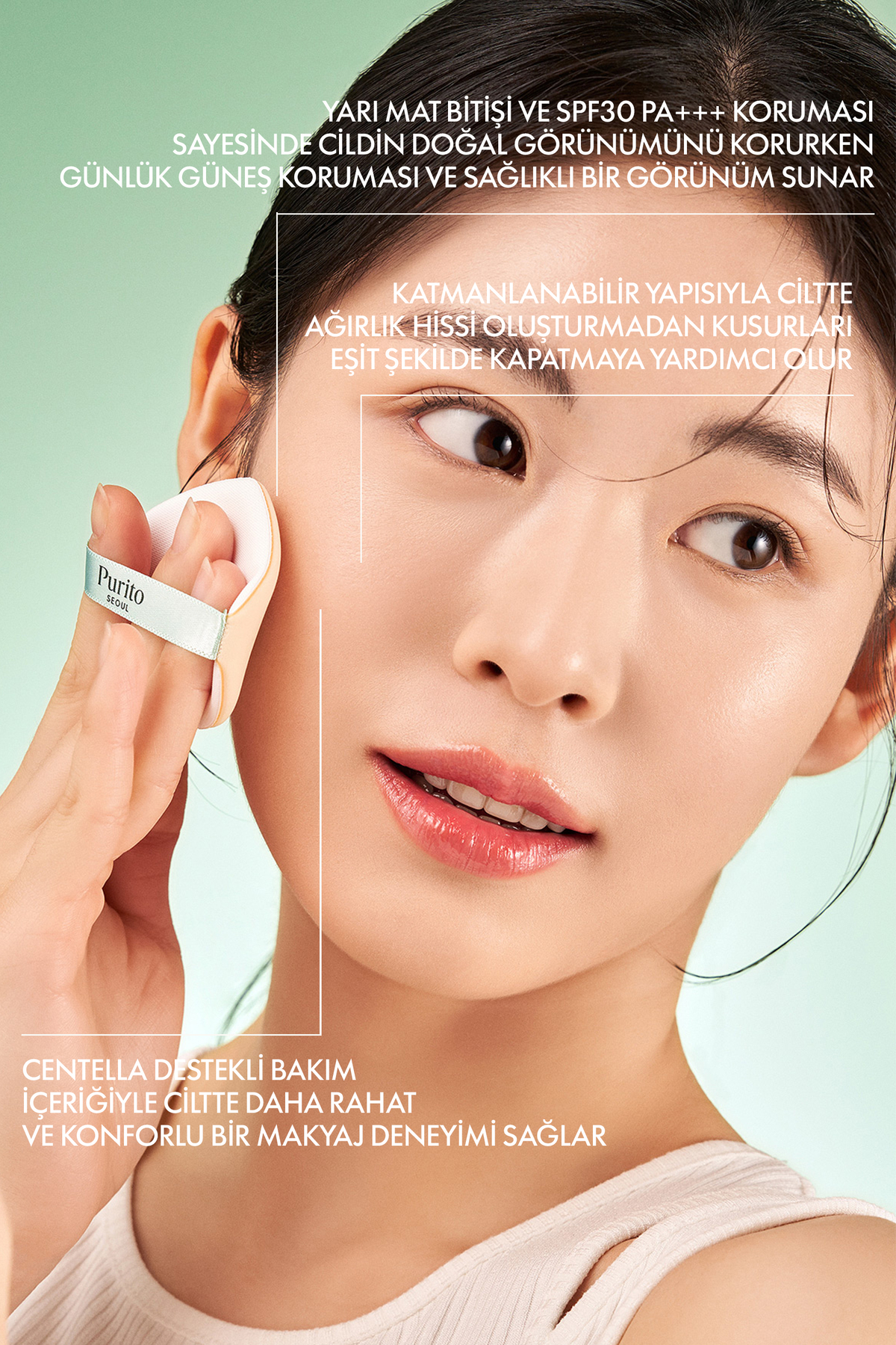 کوسن بی بی واندر ریلیف سنتلا شماره ۱۳ رنگ عاجی خنثی SPF30 PA+++ | کوسن بی بی مرطوب کننده و نیمه مات با ماندگاری بالا حاوی اسید هیالورونیک سنتلا و سرامیدها ۱۵ گرم — بژ Purito-19 — تصویر 4 از 8