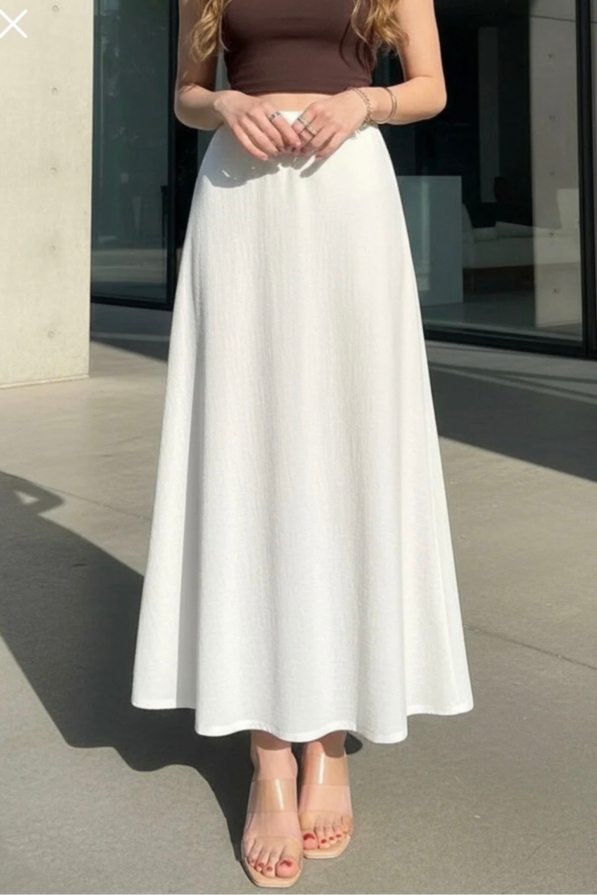 White Brisket Flared Women's Long Lined Skirt WHITE