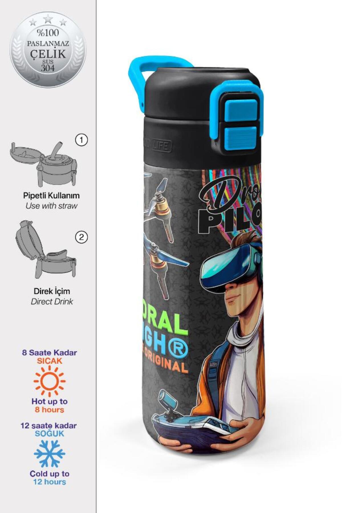 Kids Siyah Drone Pilot Desenli Pipetli ve Direkt İçim Çelik Termos 500 ml 31996