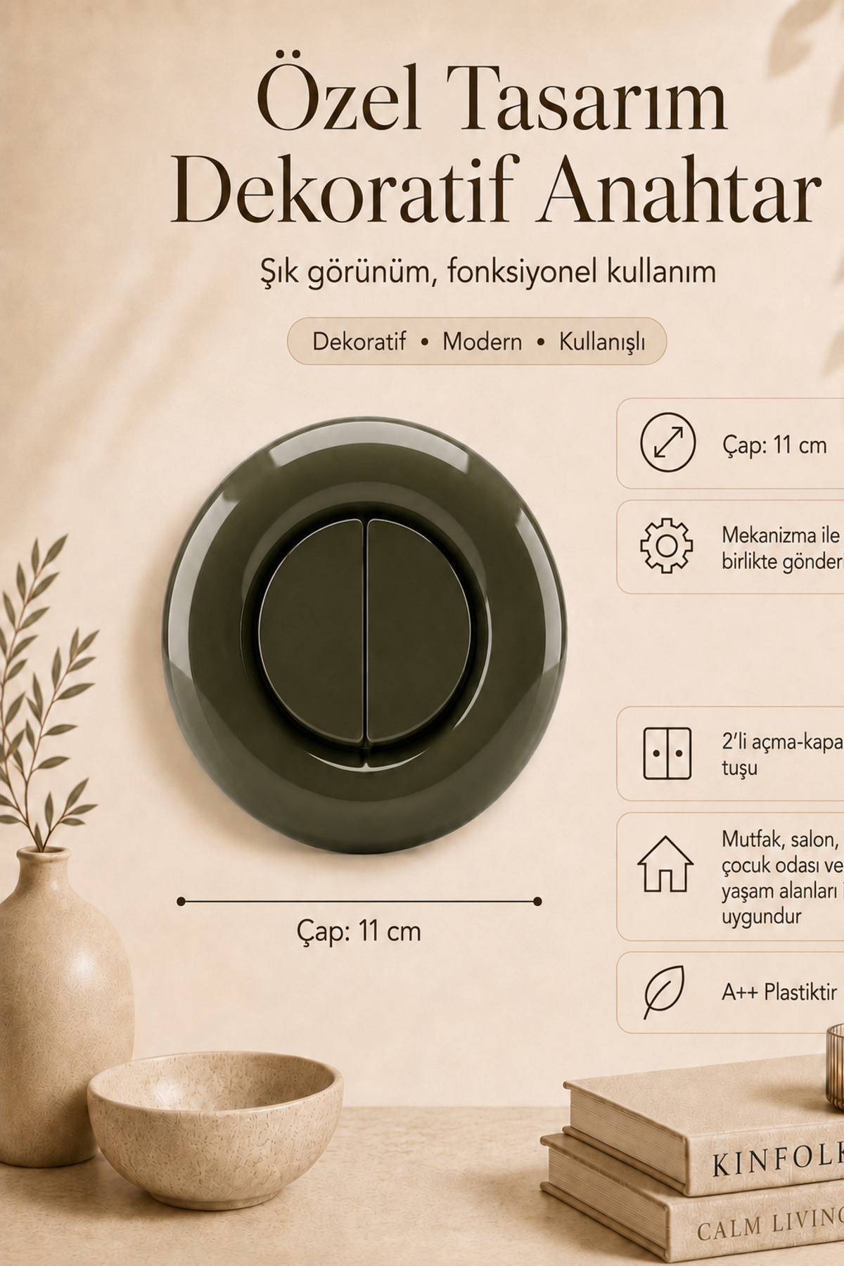 Özel Tasarım Bubble Serisi Haki Dekoratif Anahtar A Kalite Plastik (Mekanizma Dahildir)