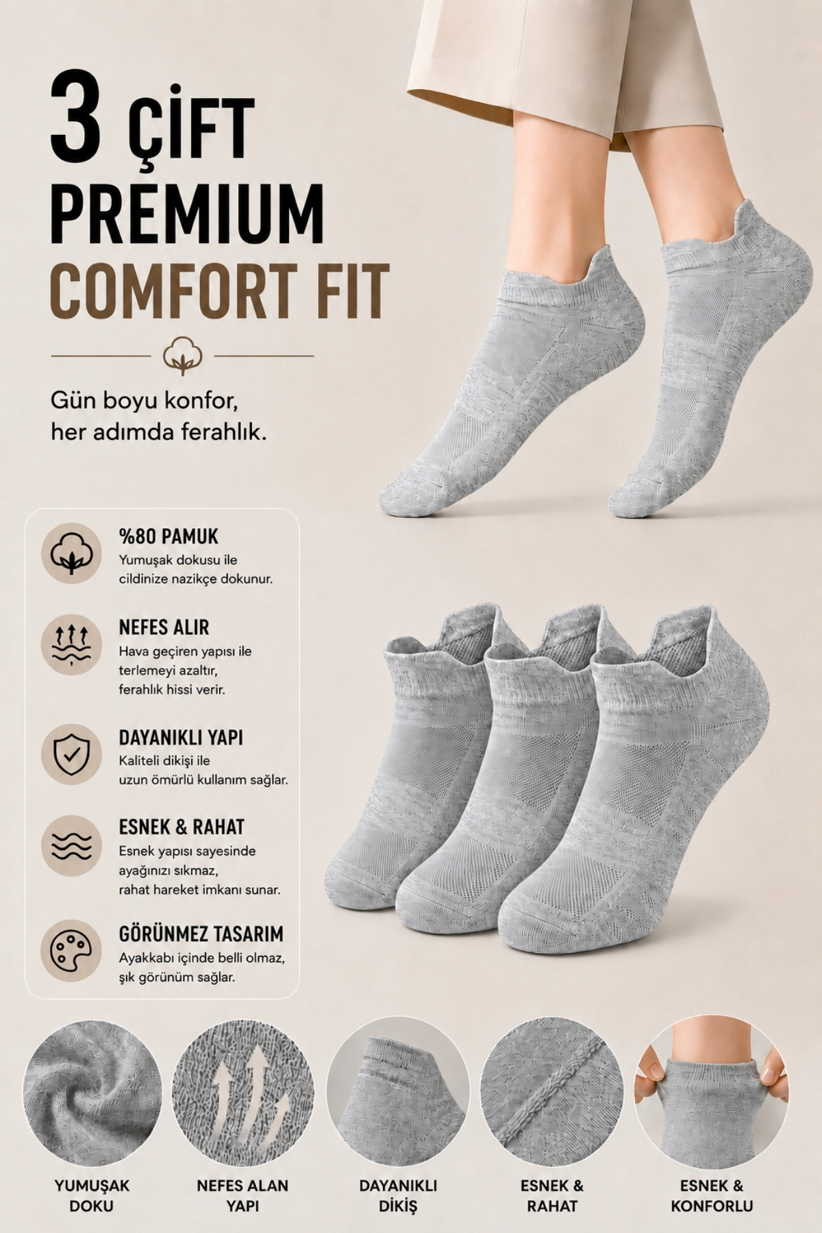 Dore Orijinal 3 Çift Unisex Kulaklı Ayakkabı Arkasını Vurmayan Konfor Modeli Ter Emici Nefes Alan 4 Mevsim Kullanım Özel Tasarım Bilek Boy Premium Pamuklu Günlük 3'lü Sneaker Spor Ayakkabı Çorabı