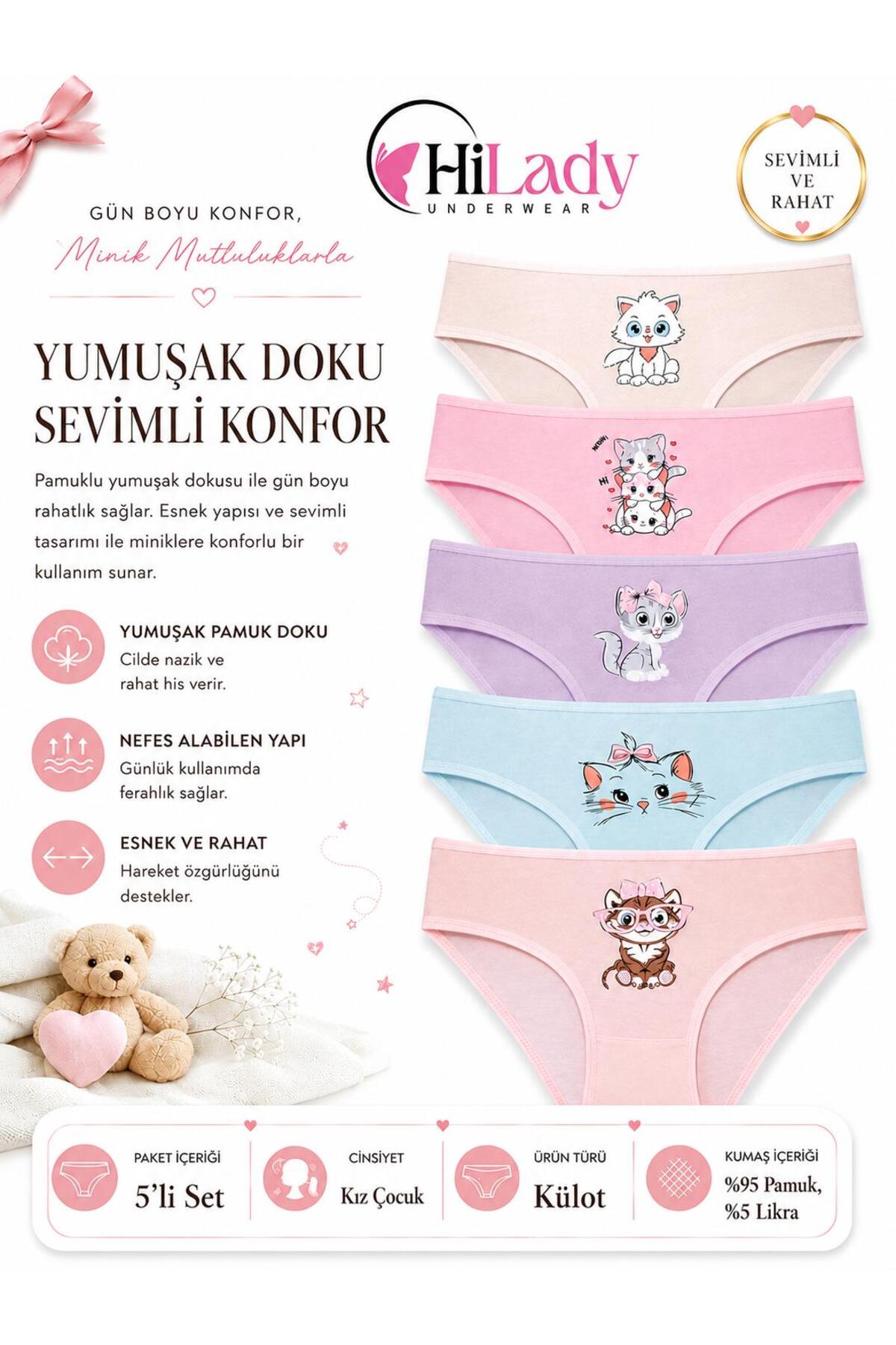 GIRLS PANTIES, 5-PACK, CAT PRINT, COTTON FABRIC, LIGHT-COLORED PANTIES