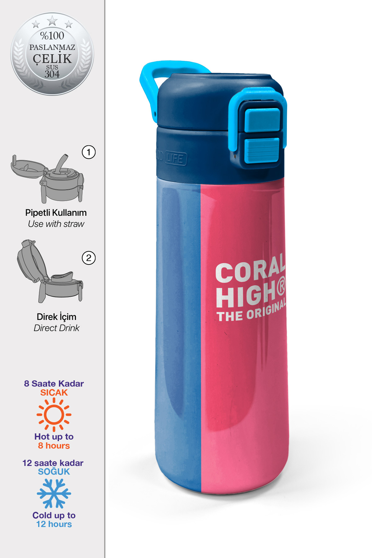 Kids Renkli Çizgili Desenli Pipetli ve Direkt İçim Çelik Termos 500 ml 31879
