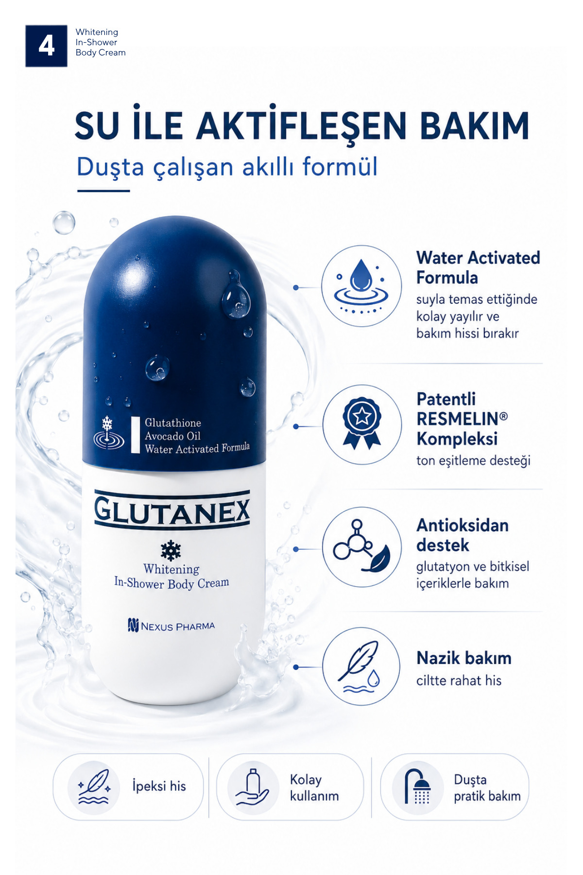 Duşta Vücut Kremi | Cilt Tonu Eşitleyici Bakım | Glutatyon, Avokado Yağı & Niasinamid İçerikli | In Shower Body Cream | 300 ml — Glutanex014 — تصویر 6 از 7