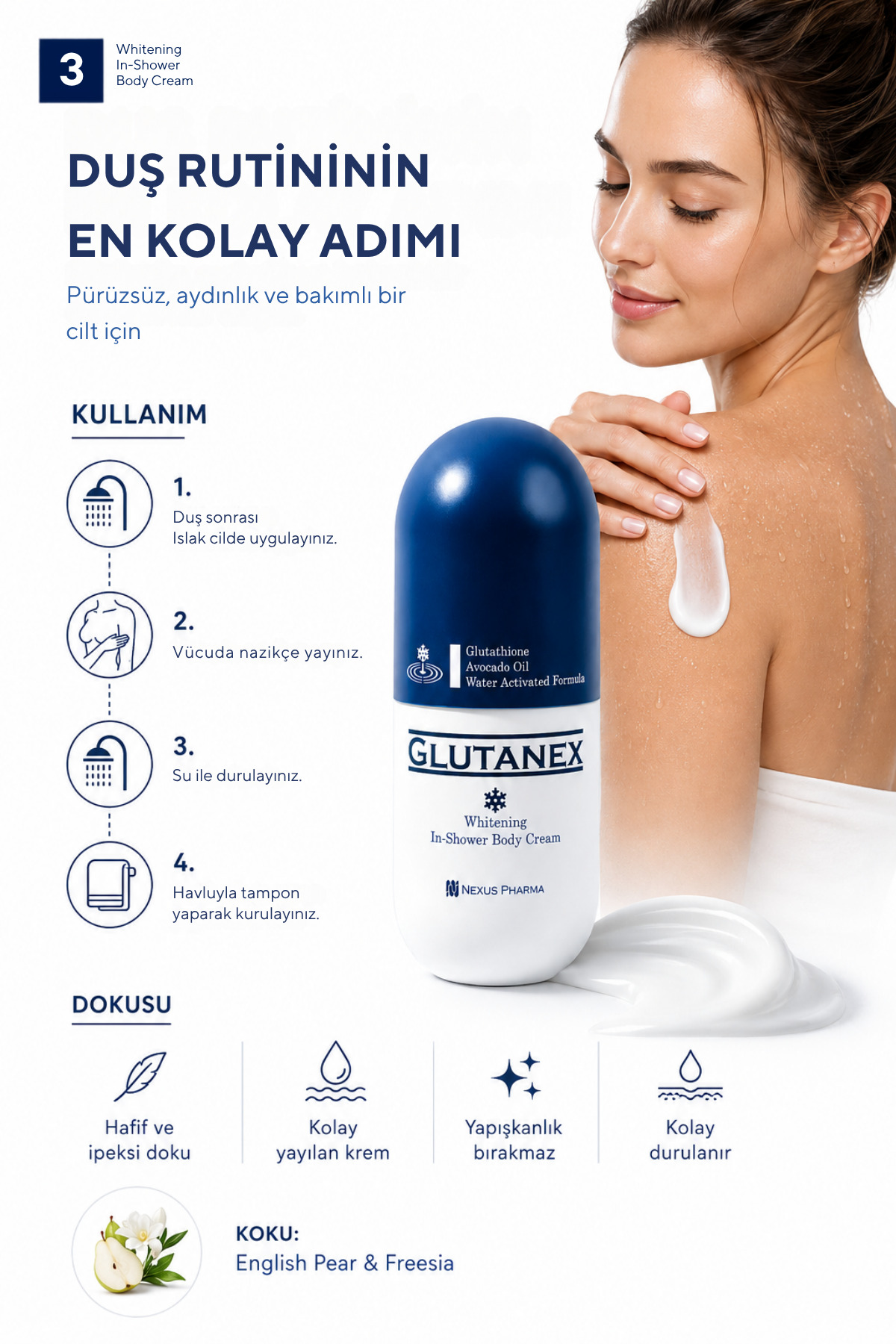 Duşta Vücut Kremi | Cilt Tonu Eşitleyici Bakım | Glutatyon, Avokado Yağı & Niasinamid İçerikli | In Shower Body Cream | 300 ml — Glutanex014 — تصویر 5 از 7