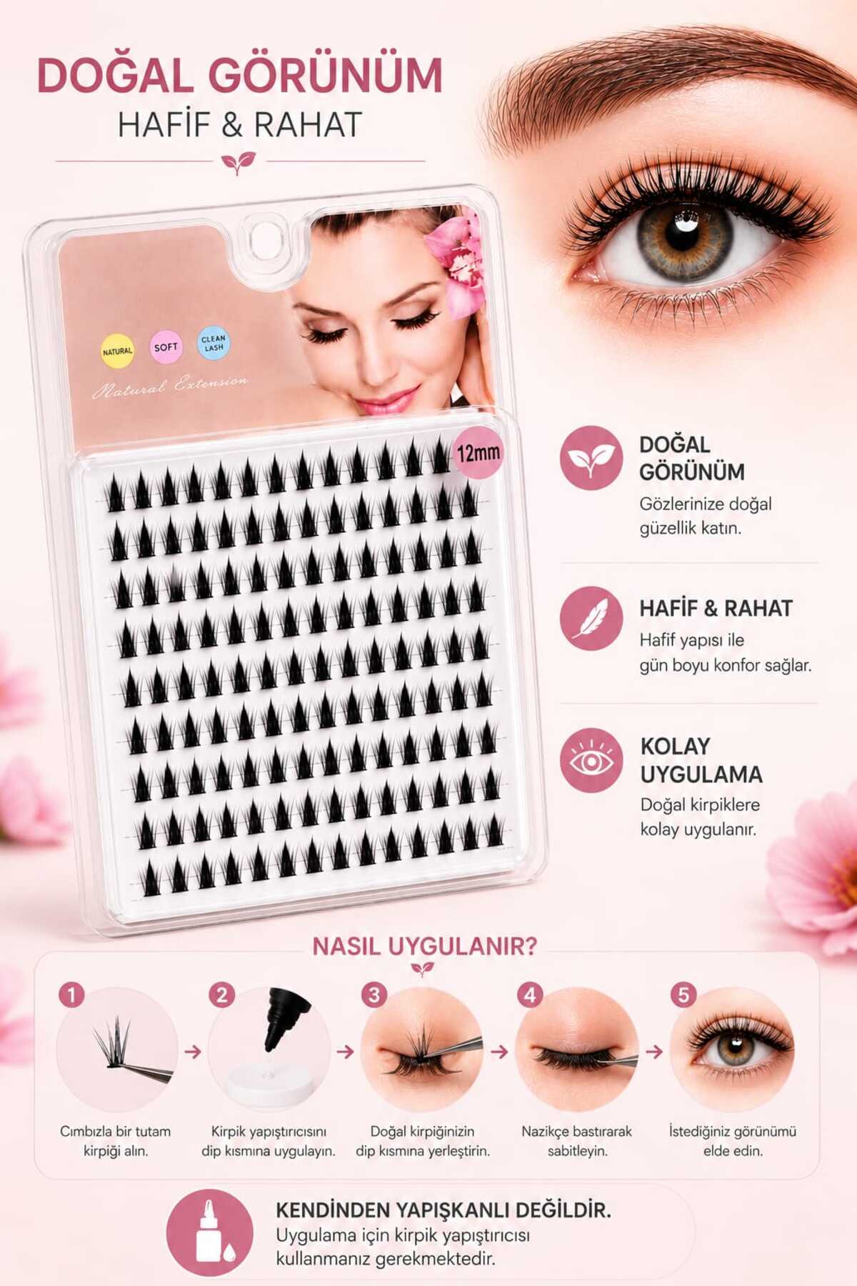Nesura Takma Kirpik Tekli Demet Takma Kirpik Gerçek Kıl 12 Mm - 10 Lu Sıra (Kirpik Yapıştırıcısı ile Uygulama) — EYLYN-12MMY160 — تصویر 3 از 3