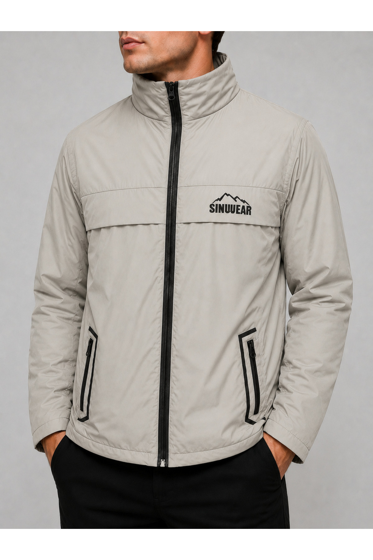 Sınwear Erkek Bej Baharlık Su ve Rüzgar Geçirmez Mont Dik Yaka Mevsimlik Fermuarlı Spor Outdoor Ceket görsel 4