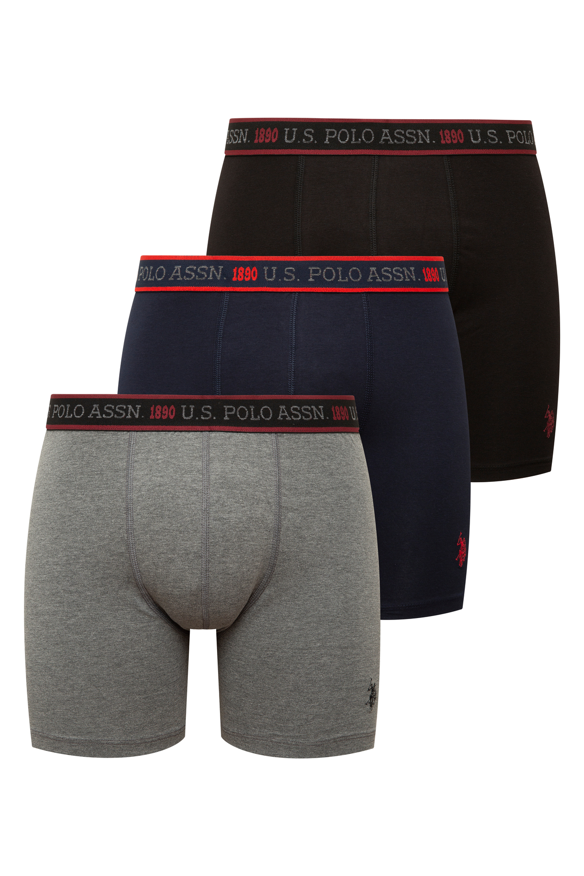 U.S. Polo Assn. Men's Black - Anthracite Melange - Navy Blue Long Leg 3-Pack Boxers