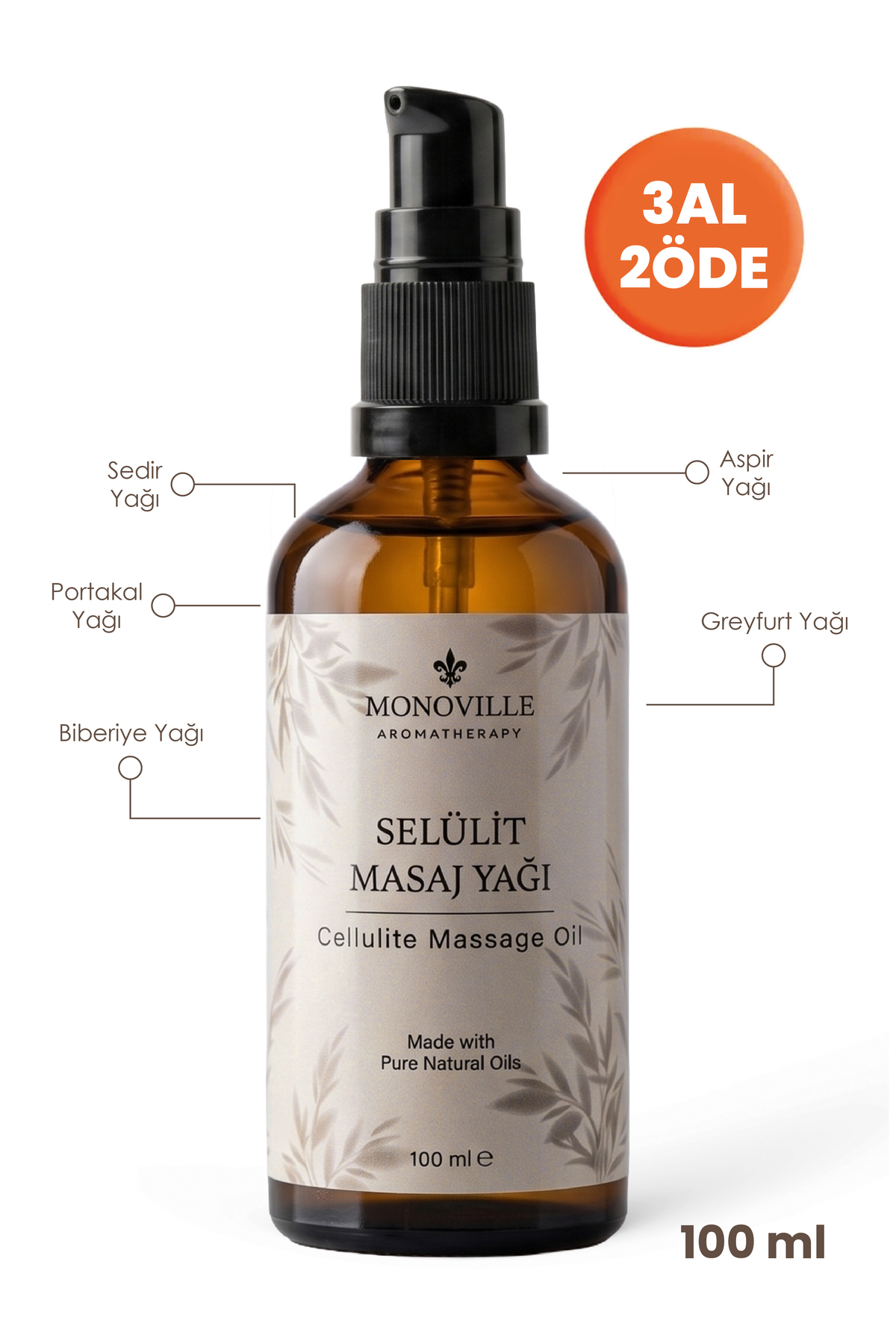 Monoville Selülit Masaj Yağı 100 ml Cam Şişe (Cellulite Massage Oil) — K102