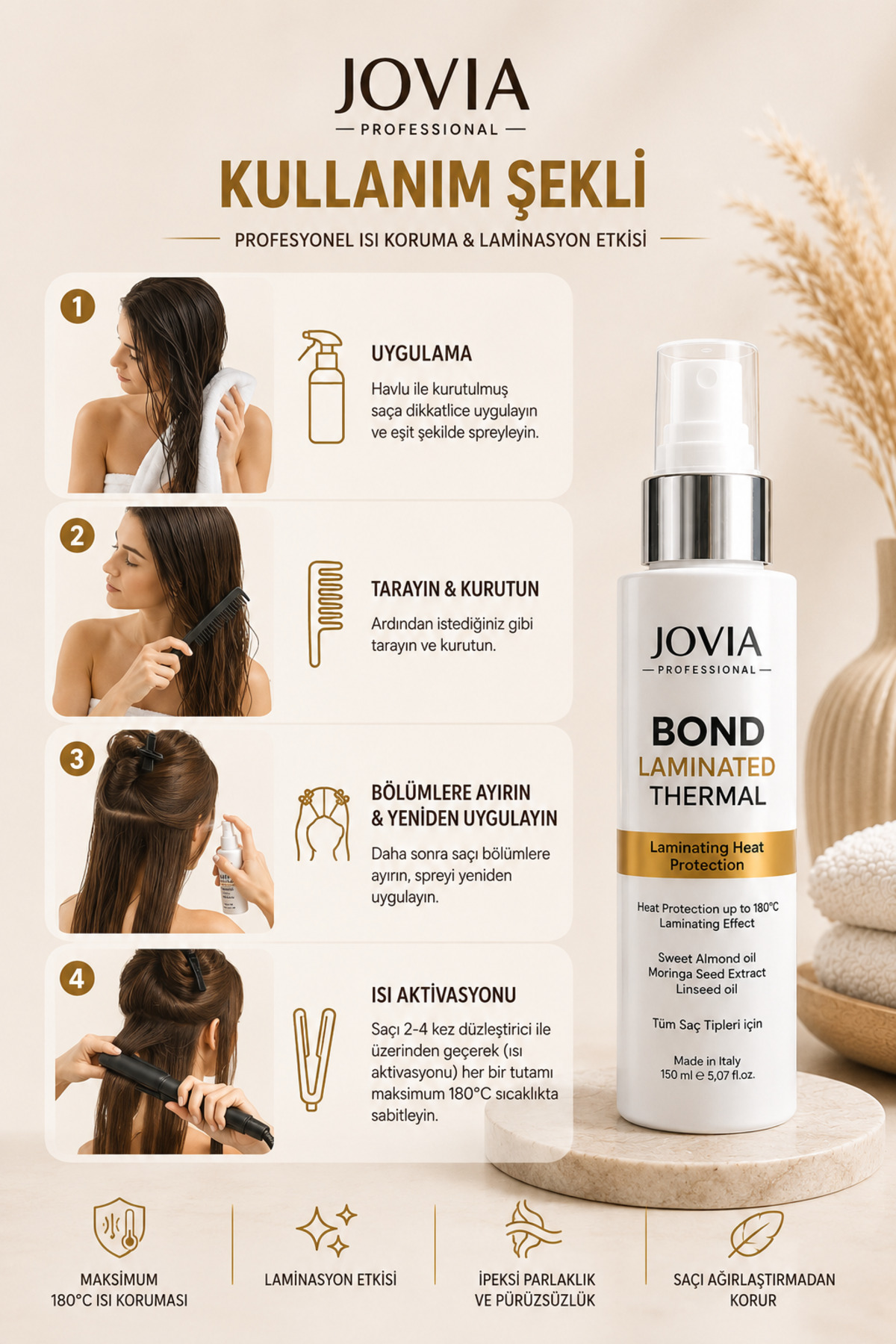 LAMINATED THERMAL - HEAT PROTECTION SPRAY 150 ML - ISI KORUYUCU , Keten Tohumu ve Morınga özü ile — JOVLAM — تصویر 4 از 5