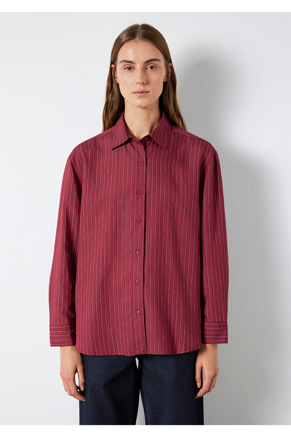 Çizgili Bordo Gömlek Loose Fit / Bol Rahat Kesim 1210683-91379 — قرمز — تصویر 3 از 7