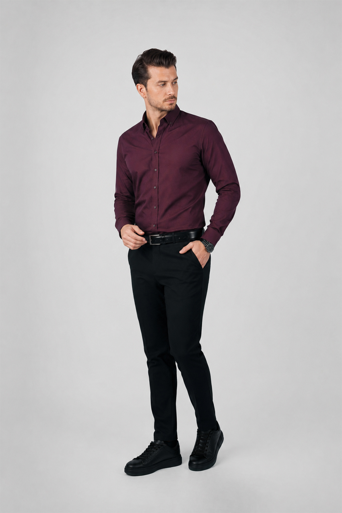 Etikmen Koyu Bordo Yaka Düğmeli Premium Şamre Slimfit Erkek Gömlek görsel 8