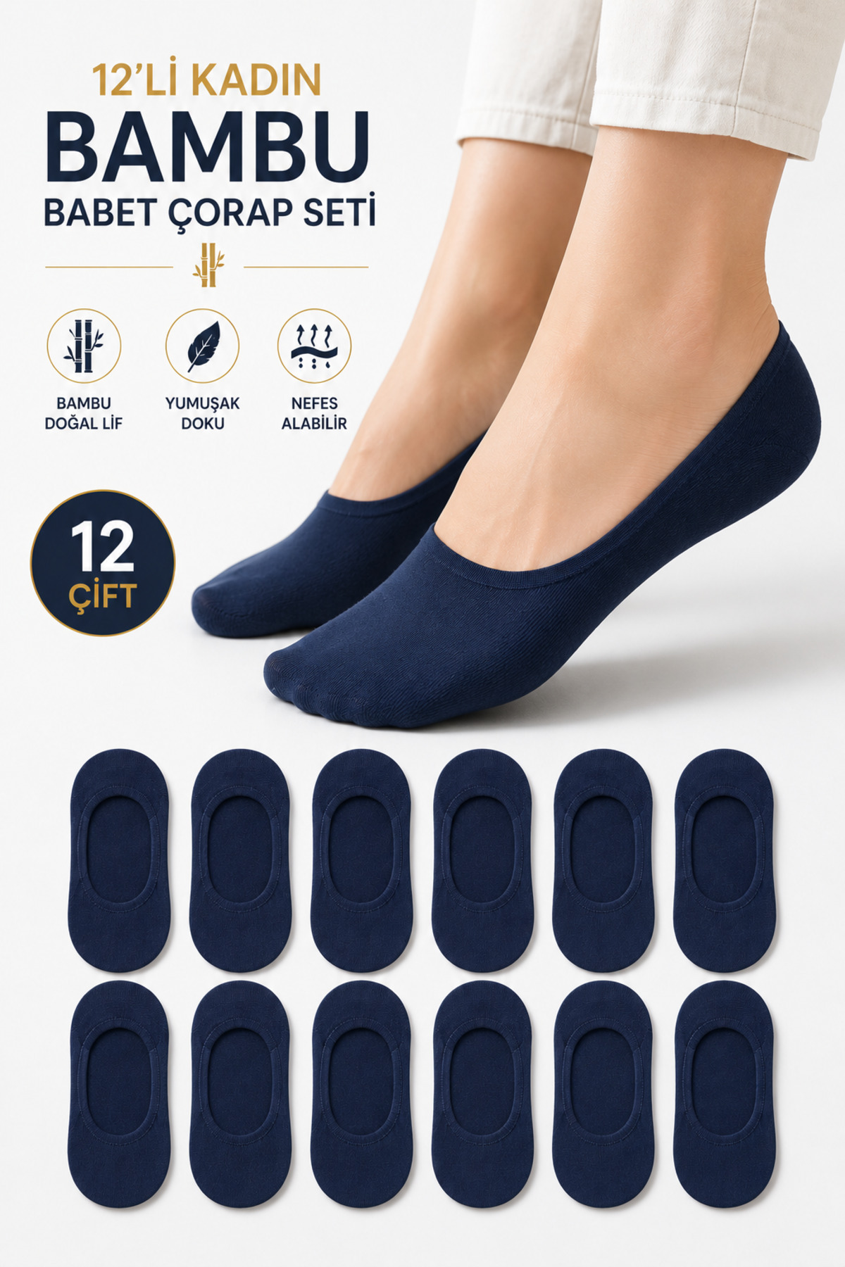 Kadın Bambu Babet Çorap Premium 12'li Dikişsiz Ayaktan Çıkma Önleyici Slikonlu Babet Çorap Lacivert