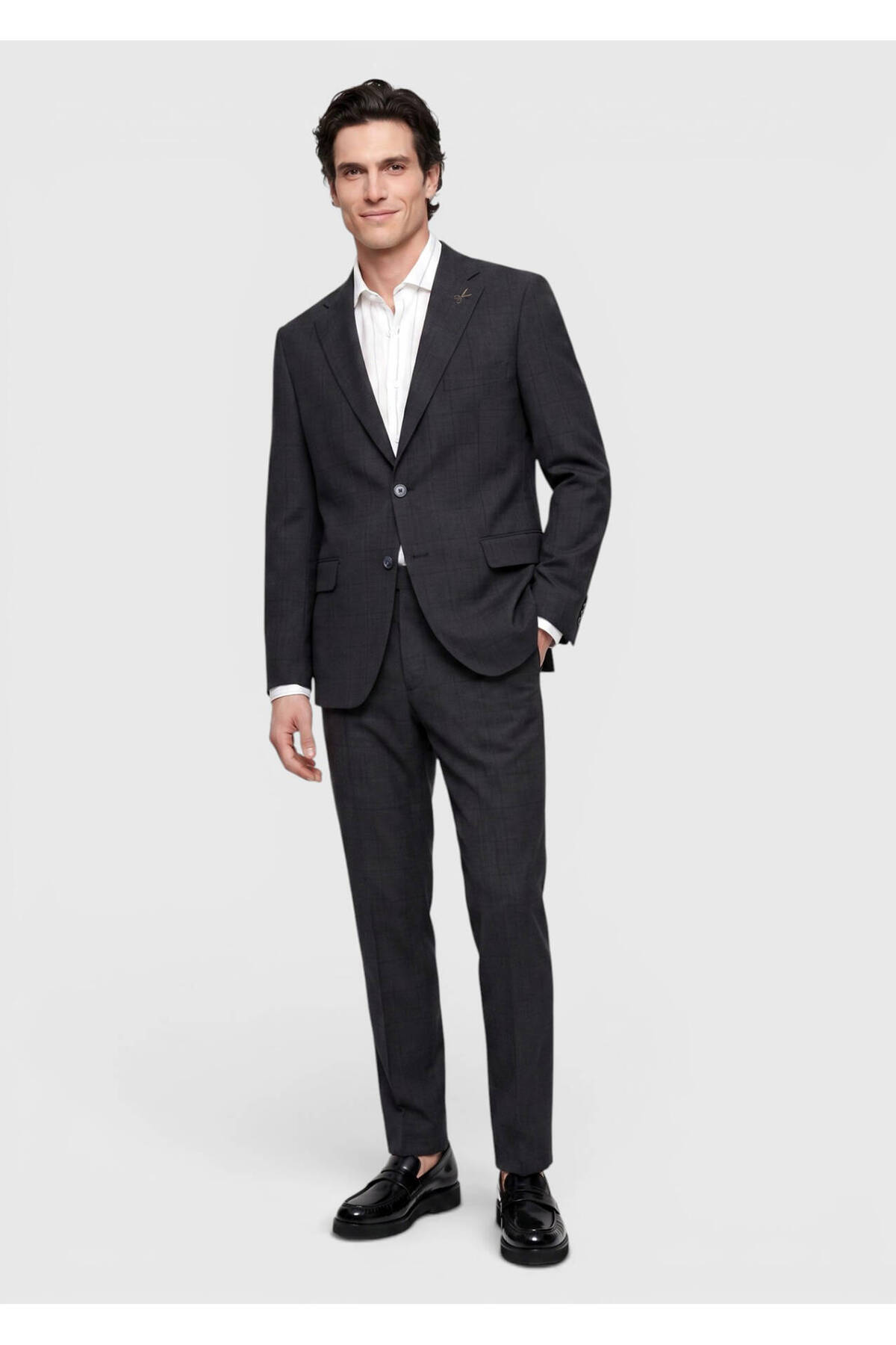 Ramsey Antrasit Kareli Zeroweight Slim Fit %100 Yün Takım Elbise
