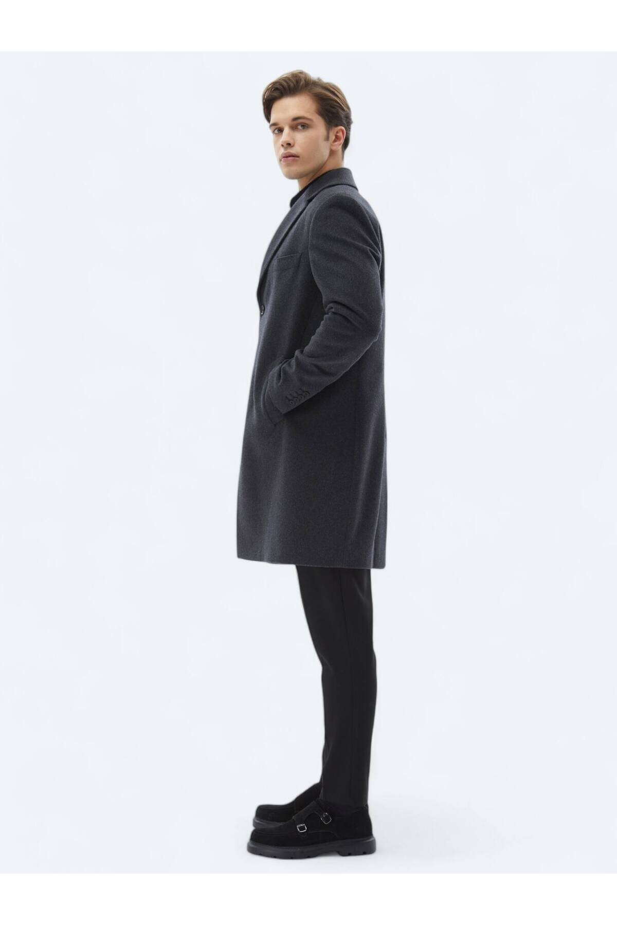 Kip Antrasit Regular Fit Casual Dokuma Palto görsel 3