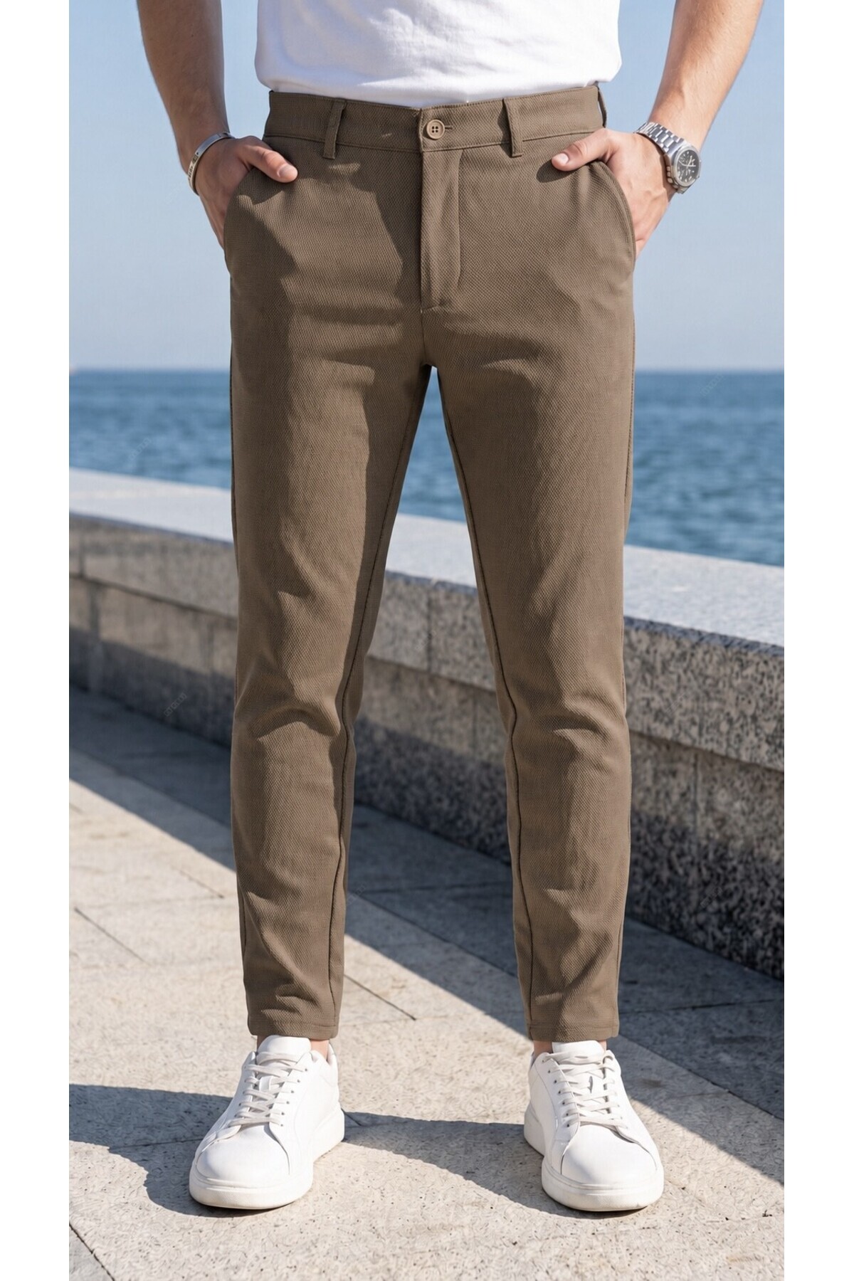 Erkek Kahve Renk Kaliteli Esnek Likralı Slim Fit Keten Pantolon — قهوه‌ای GUSSİ-102