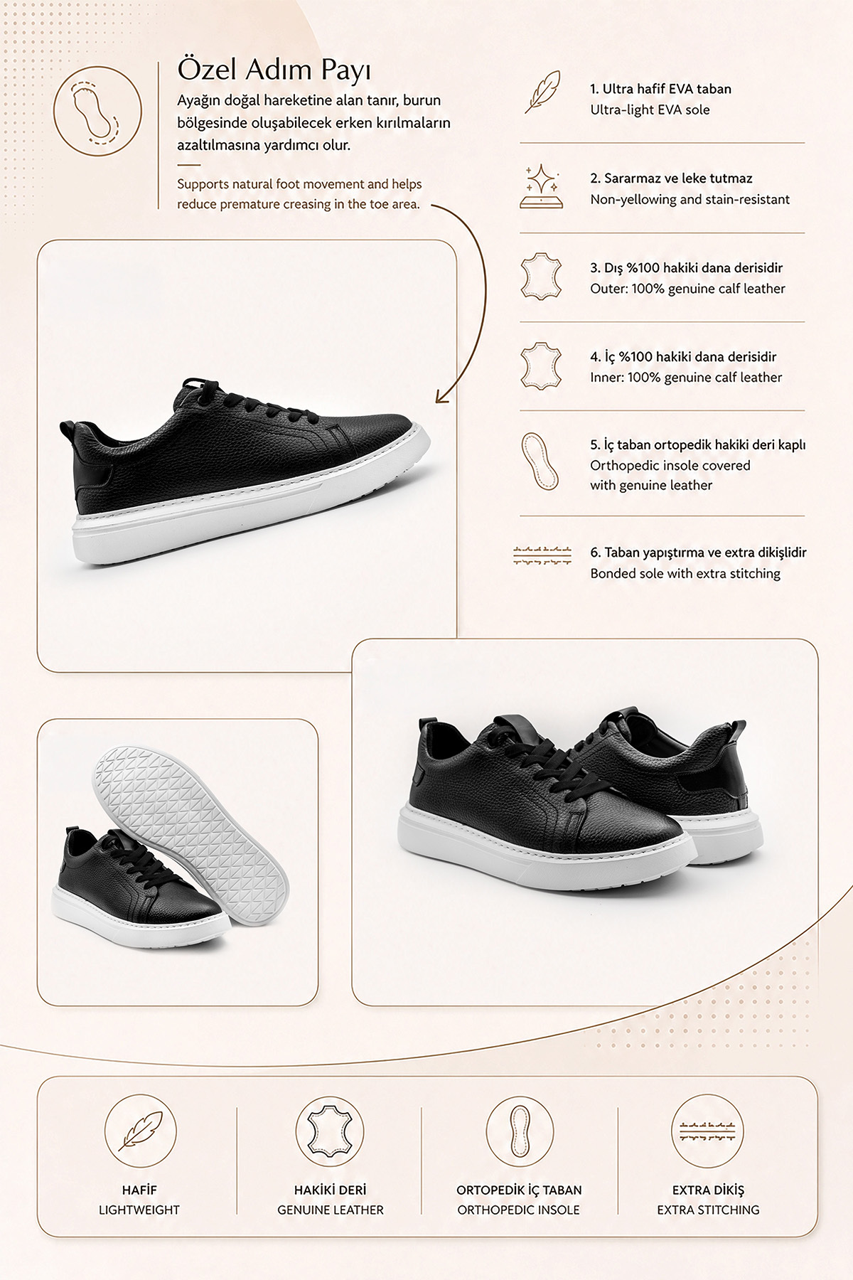 ventro Siyah 100%Hakiki Deri Erkek Spor Sneaker Ortopedik Tabanlı VT27 görsel 5