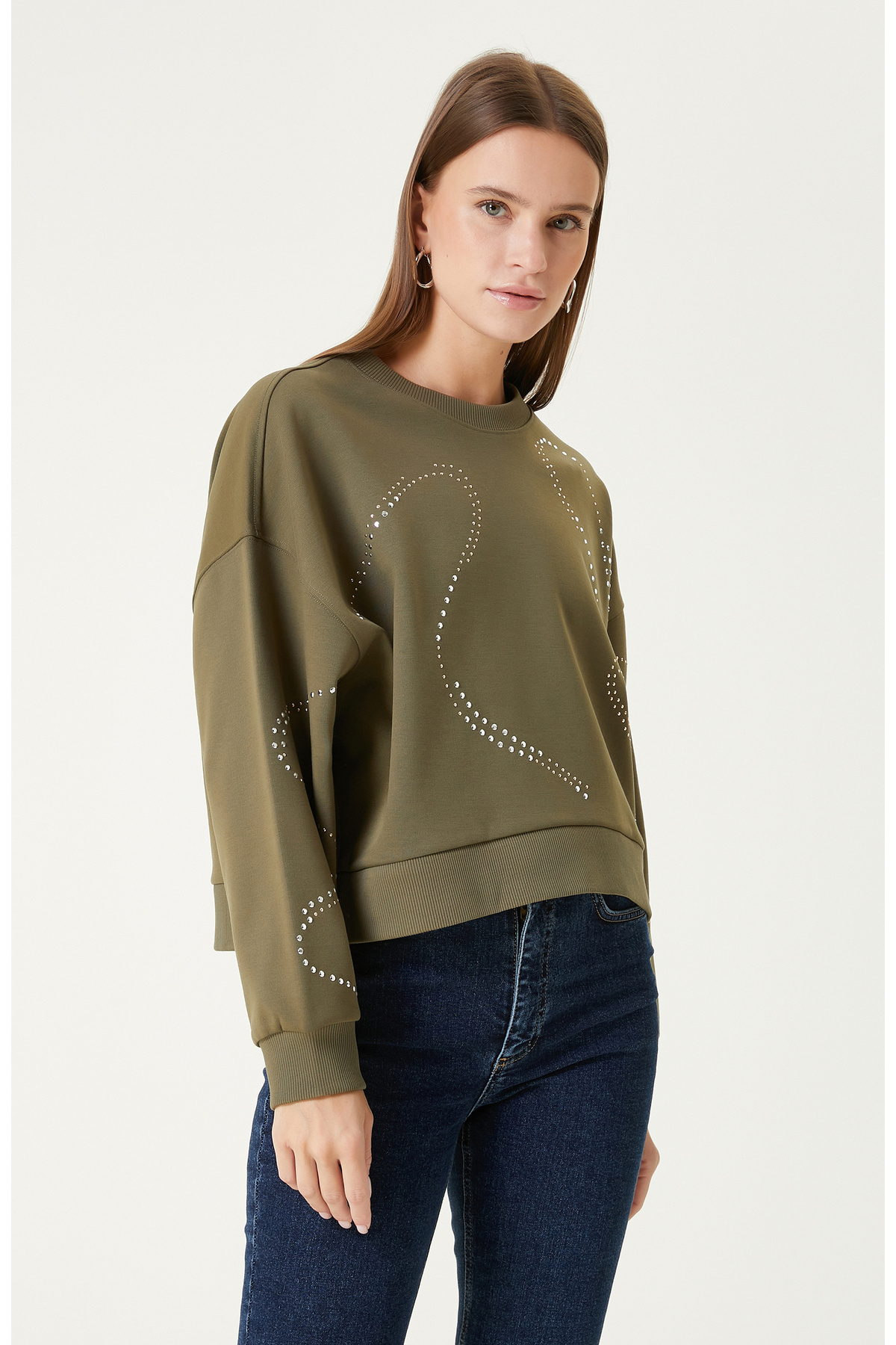 Network Haki Taş Baskılı SweaTshirt görsel 4