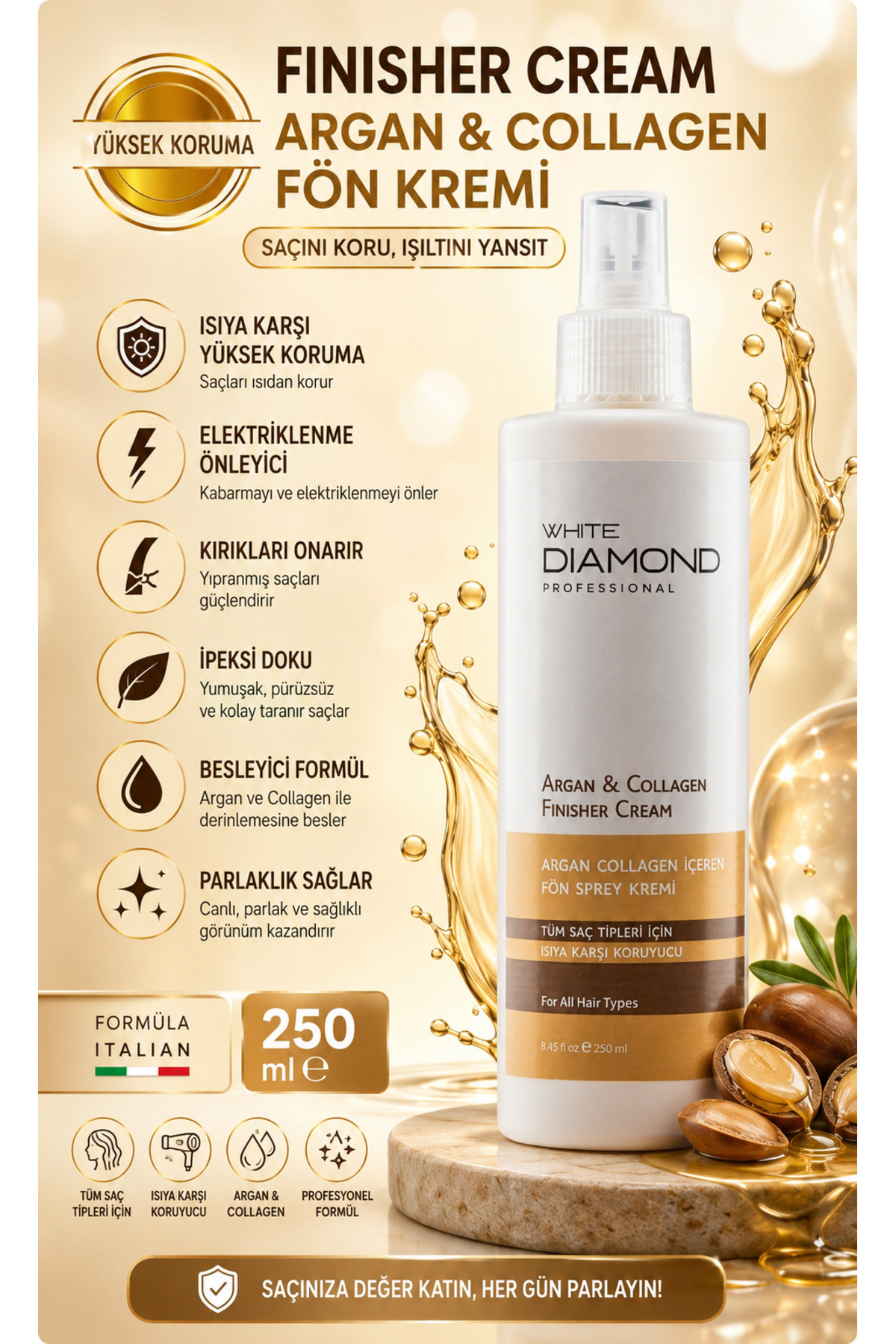 Isıya Karşı Güçlü Koruyucu Argan Kolajen Keratin Içeren Saç Bakım spreyi Fön kremi 250 ml — ER0000026 — تصویر 2 از 5