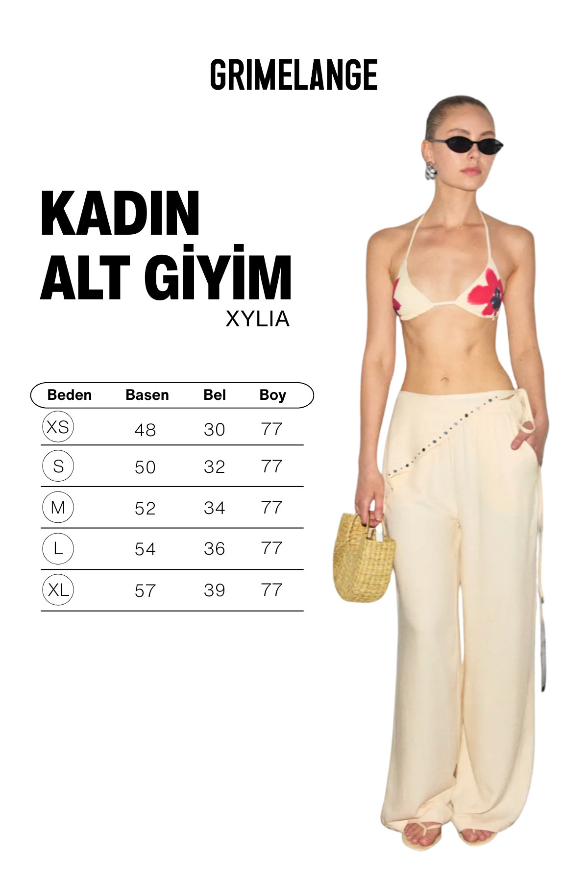 GRIMELANGE XYLIA Kadın Şal Detaylı Bol Paça Trok Süslemeli Belden Bağlamalı Doğal Dokulu Ekru Pantolon görsel 6