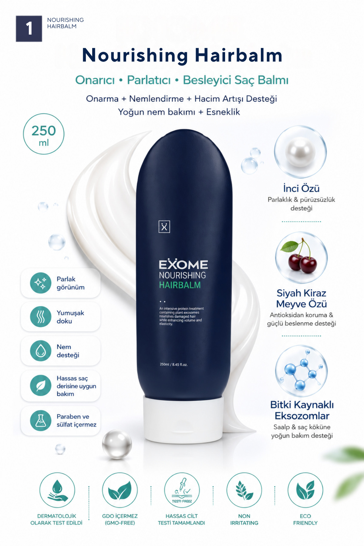 Onarıcı Saç Kremi | Eksozomlu Besleyici Bakım | Kuru ve Yıpranmış Saçlar İçin | Hair Balm | 250 ml — Exome008 — تصویر 2 از 6