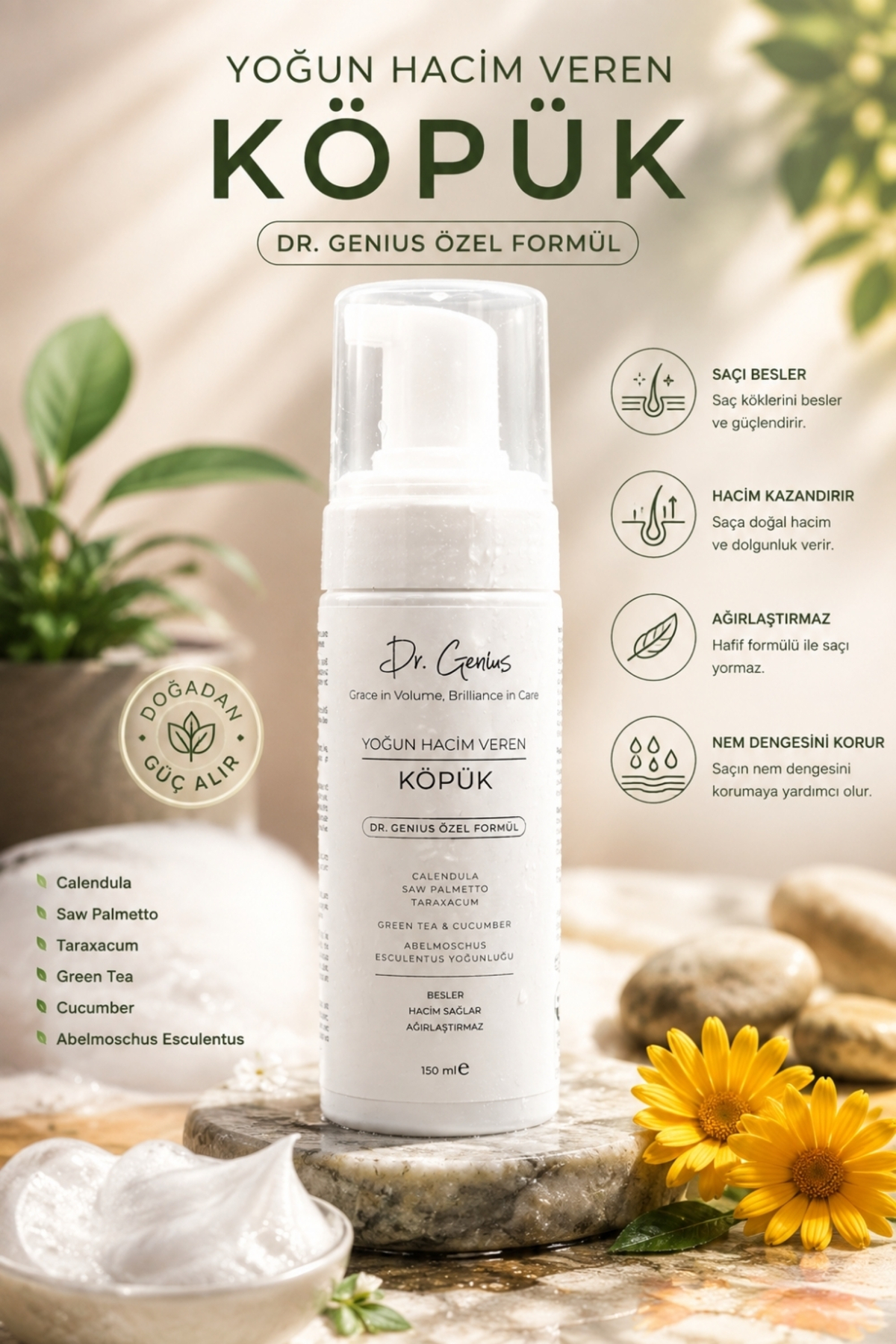 Dr.genius Saw Palmetto, Calendula & Yeşil Çay Özlü Yoğun Hacim Veren Saç Köpüğü - 150ml — sk-150