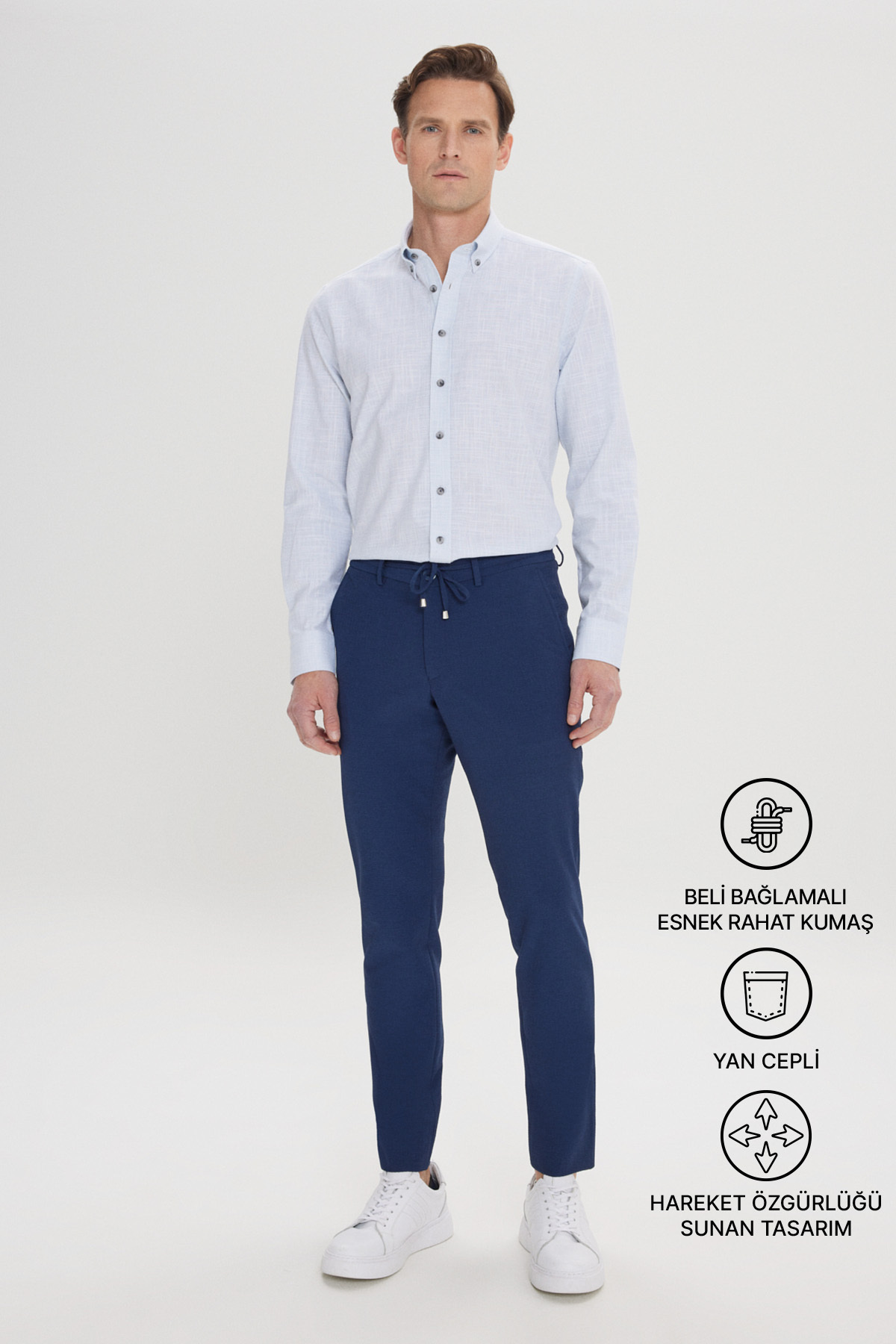 Erkek Lacivert Slim Fit Dar Kesim Beli Bağlamalı Yan Cep Gofre Desenli Pantolon — سرمه‌ای ET0124200027 — تصویر 2 از 8