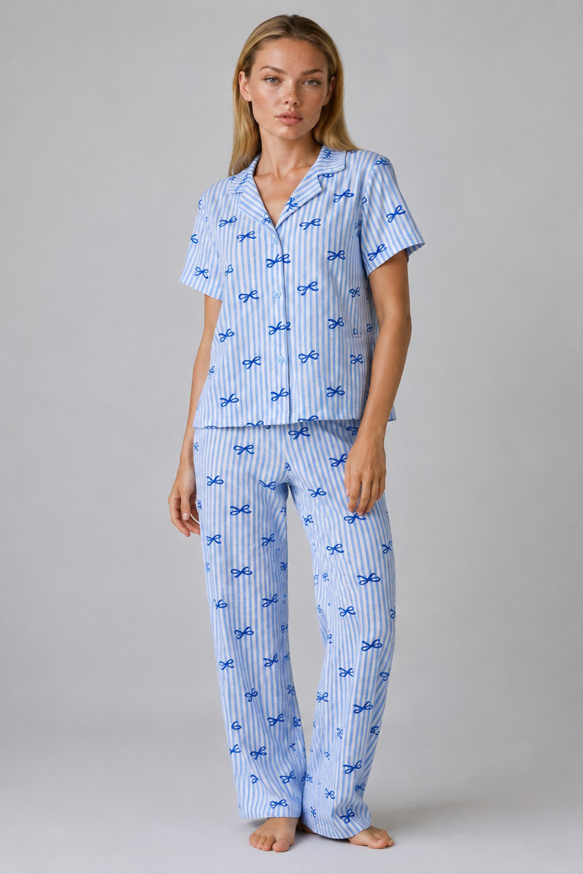FİT WOMEN Blue Ribbon Patterned Striped Wrinkled Pajama Set 4645-Blue